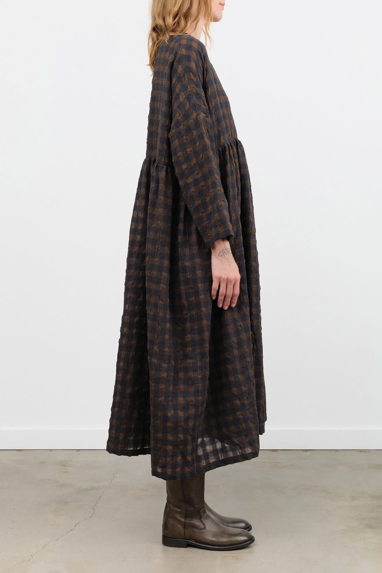 Ichi Antiquites Apparel Womens Dresses Gingham Check Dress Khaki x Charcoal / One Size