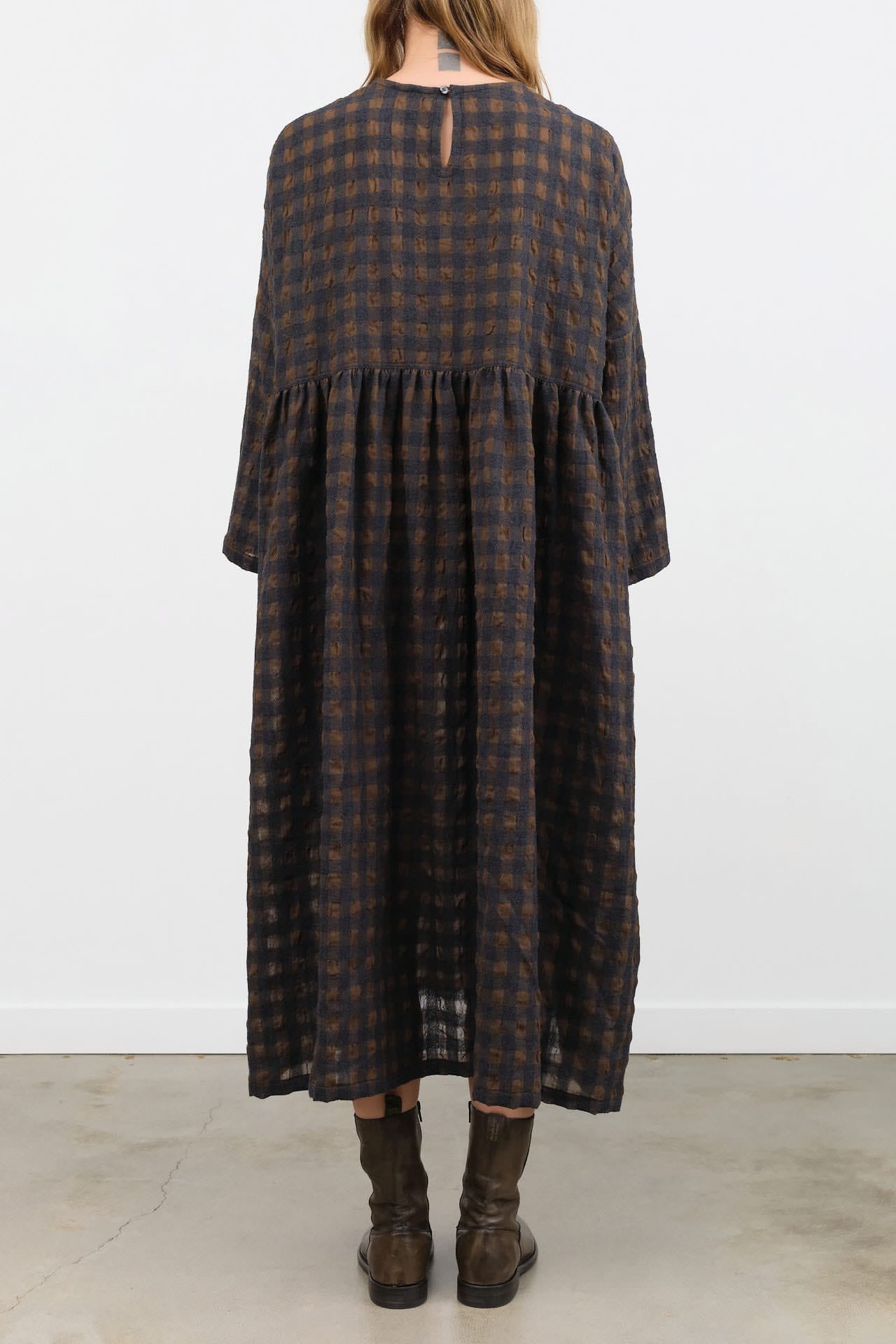 Ichi Antiquites Apparel Womens Dresses Gingham Check Dress Khaki x Charcoal / One Size