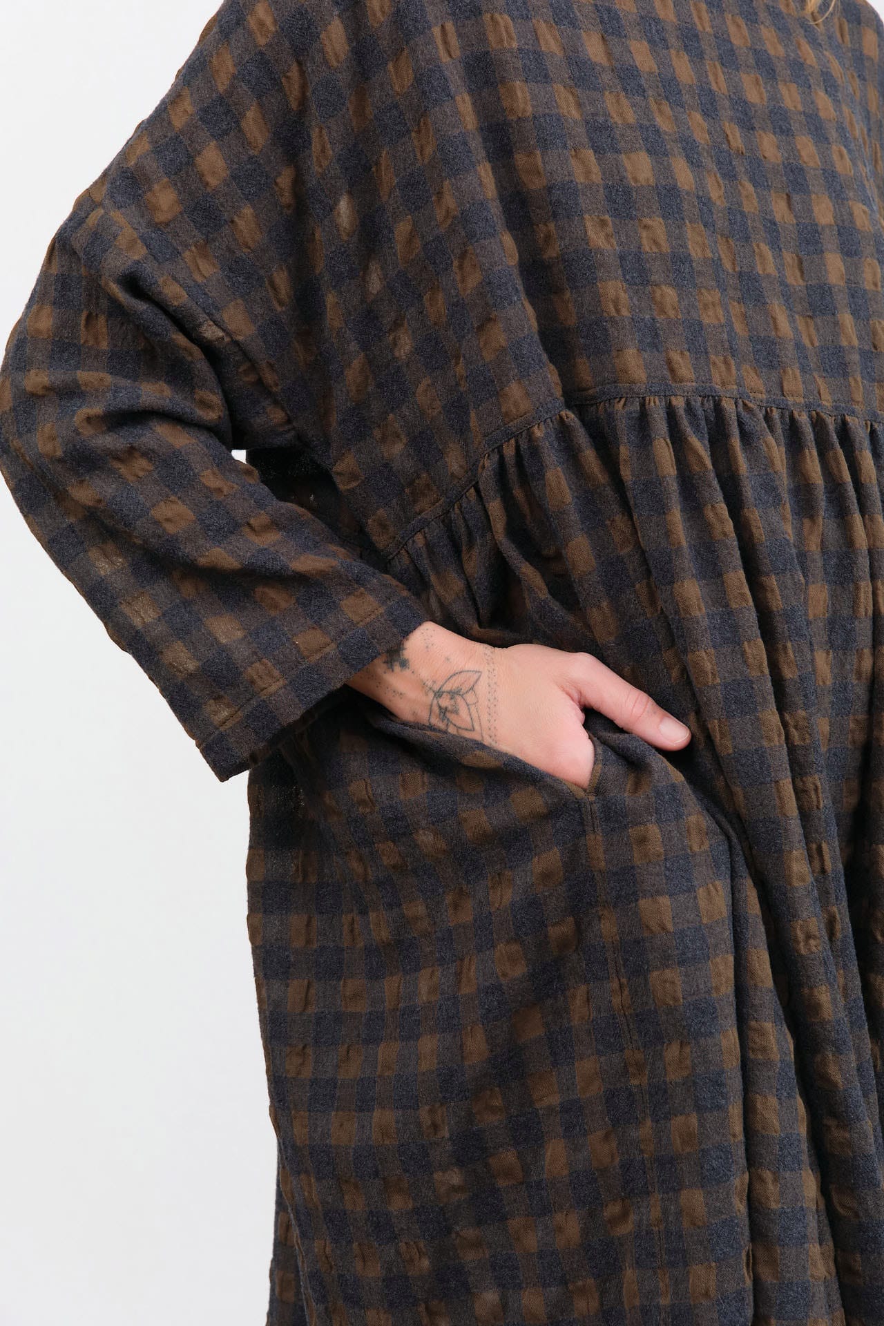 Ichi Antiquites Apparel Womens Dresses Gingham Check Dress Khaki x Charcoal / One Size