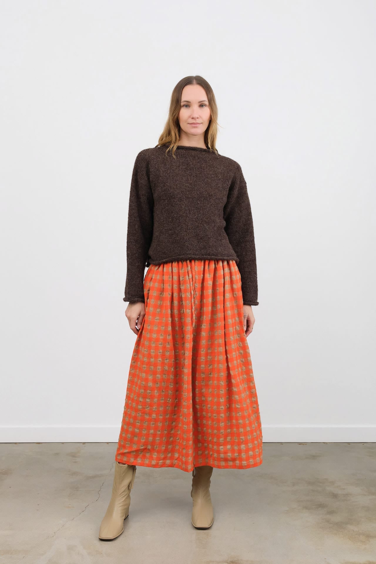 Ichi Antiquites Apparel Womens Skirts Gingham Check Skirt Beige x Orange / One Size