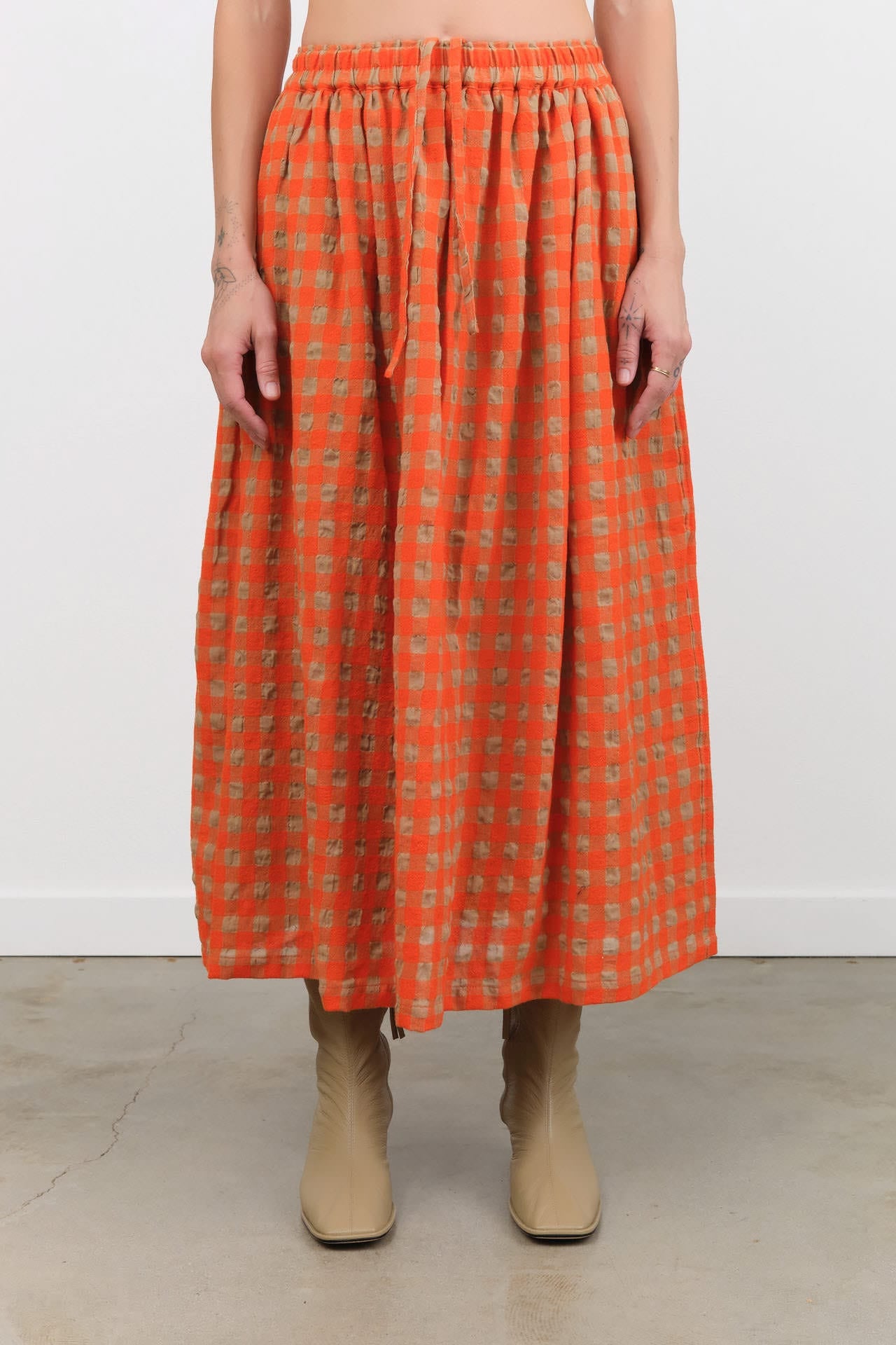 Ichi Antiquites Apparel Womens Skirts Gingham Check Skirt Beige x Orange / One Size