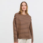 Ichi Antiquites Apparel Womens Blouses Stripe Pullover in Mocha Mocha x Navy / One Size