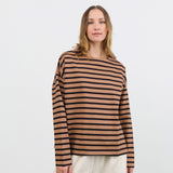 Ichi Antiquites Apparel Womens Blouses Stripe Pullover in Mocha Mocha x Navy / One Size