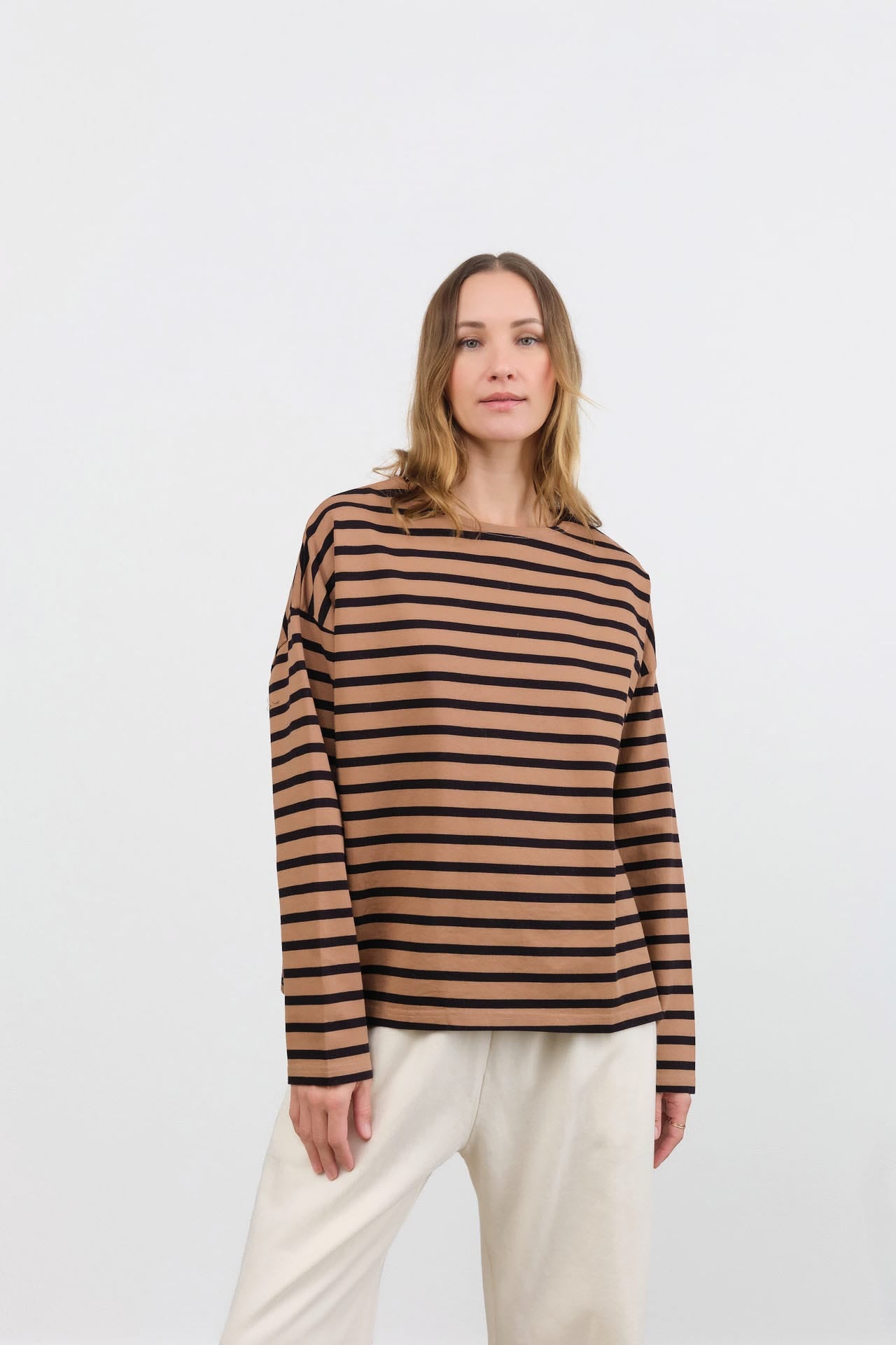 Ichi Antiquites Apparel Womens Blouses Stripe Pullover in Mocha Mocha x Navy / One Size