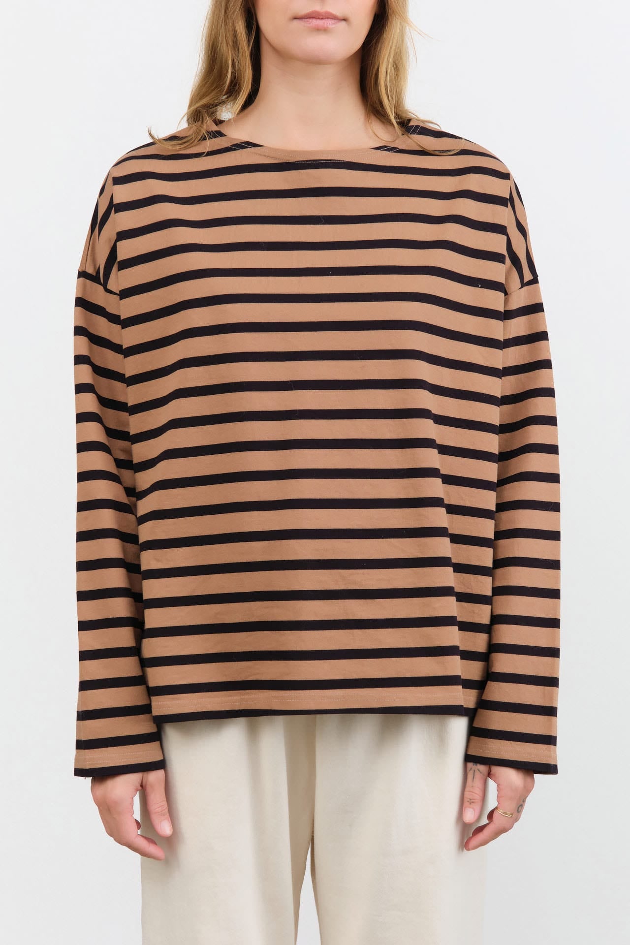 Ichi Antiquites Apparel Womens Blouses Stripe Pullover in Mocha Mocha x Navy / One Size