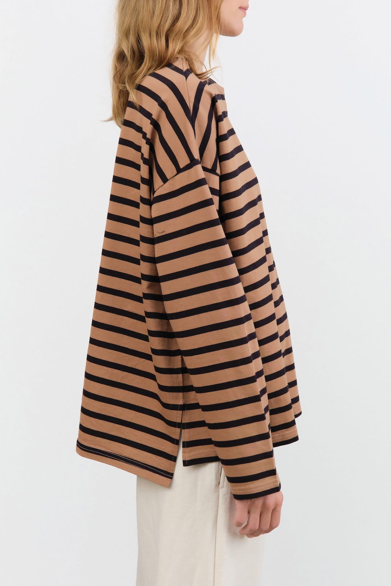 Ichi Antiquites Apparel Womens Blouses Stripe Pullover in Mocha Mocha x Navy / One Size