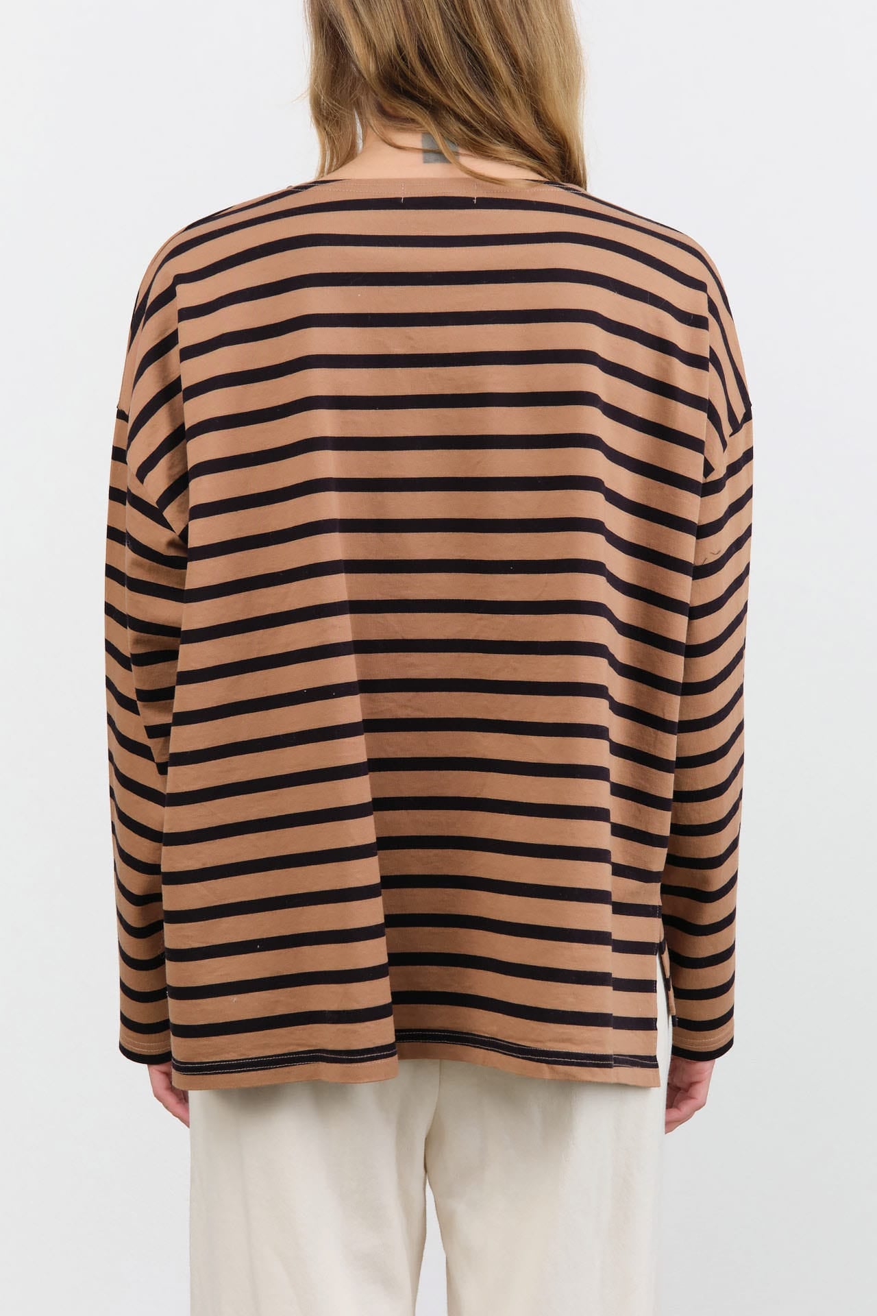 Ichi Antiquites Apparel Womens Blouses Stripe Pullover in Mocha Mocha x Navy / One Size