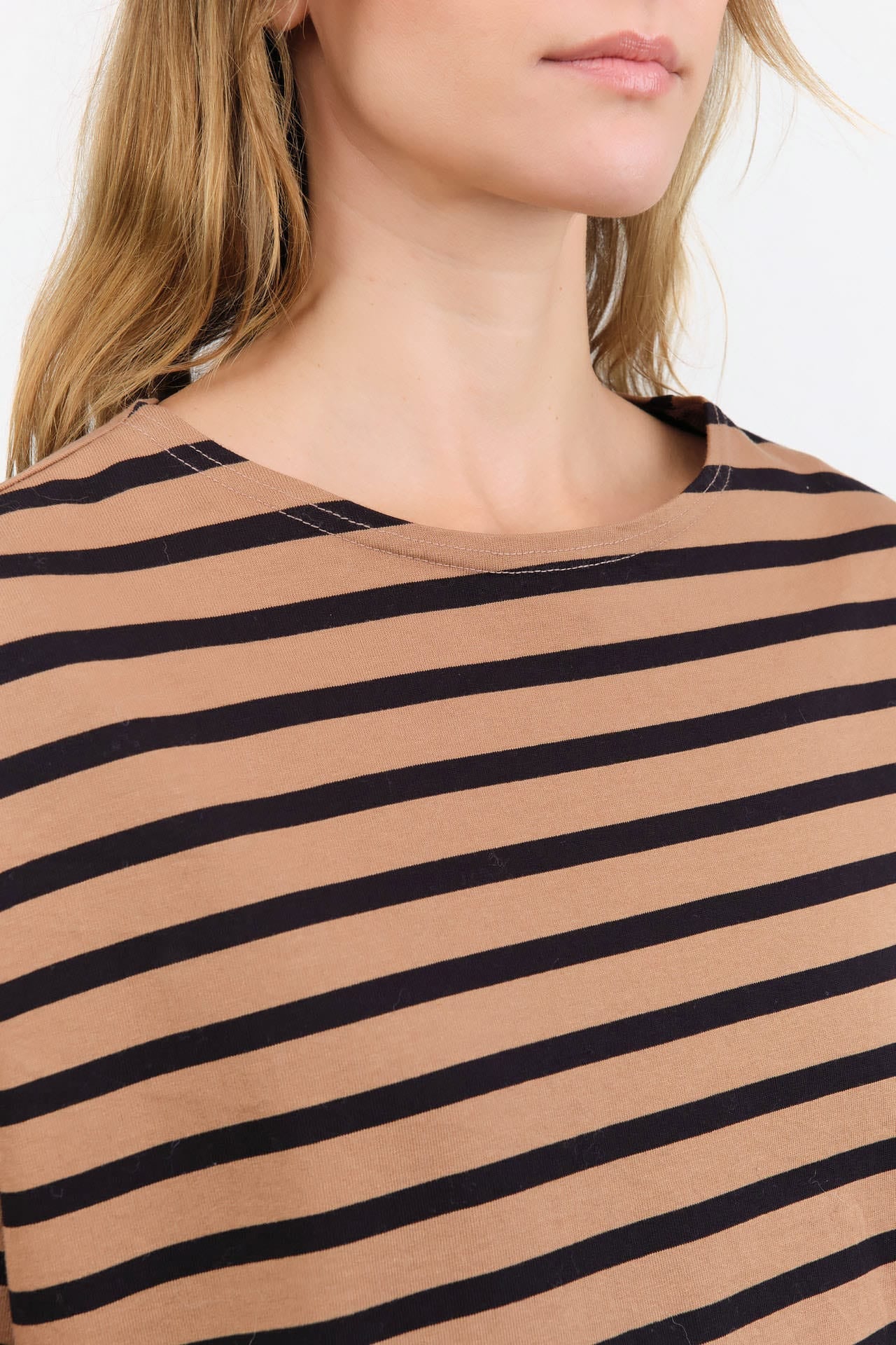 Ichi Antiquites Apparel Womens Blouses Stripe Pullover in Mocha Mocha x Navy / One Size