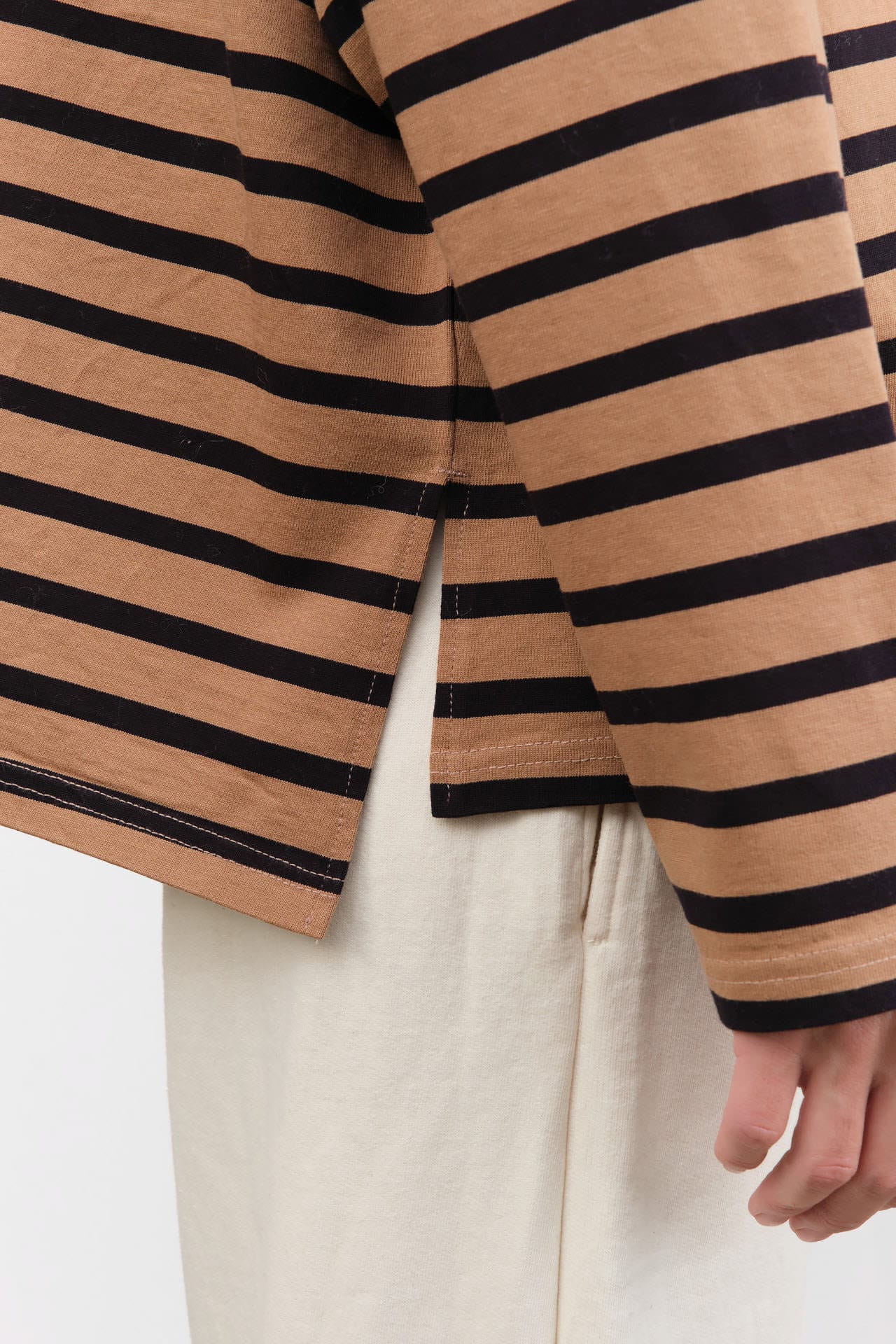 Ichi Antiquites Apparel Womens Blouses Stripe Pullover in Mocha Mocha x Navy / One Size
