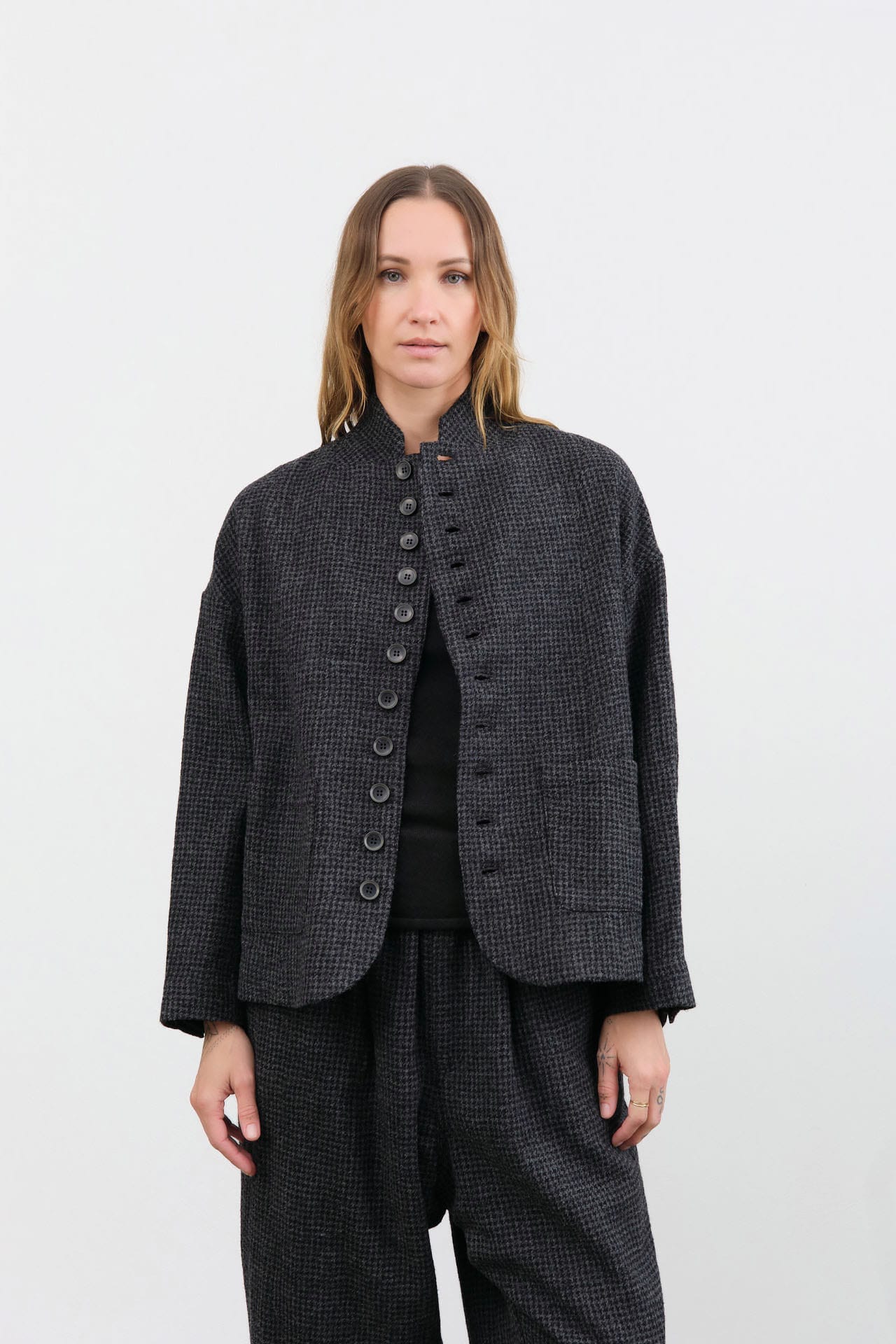 Ichi Antiquites Apparel Womens Jackets Wool Gauze Houndstooth Jacket Charcoal / One Size