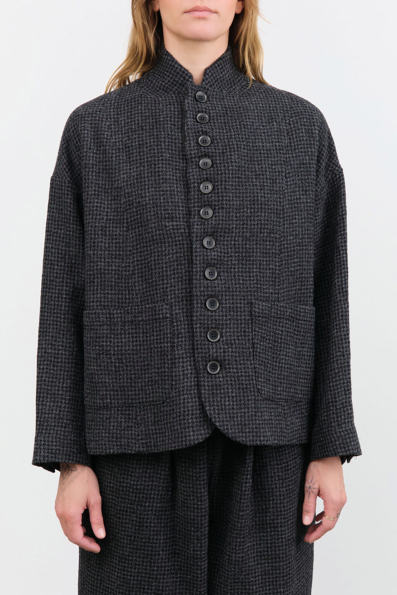 Ichi Antiquites Apparel Womens Jackets Wool Gauze Houndstooth Jacket Charcoal / One Size