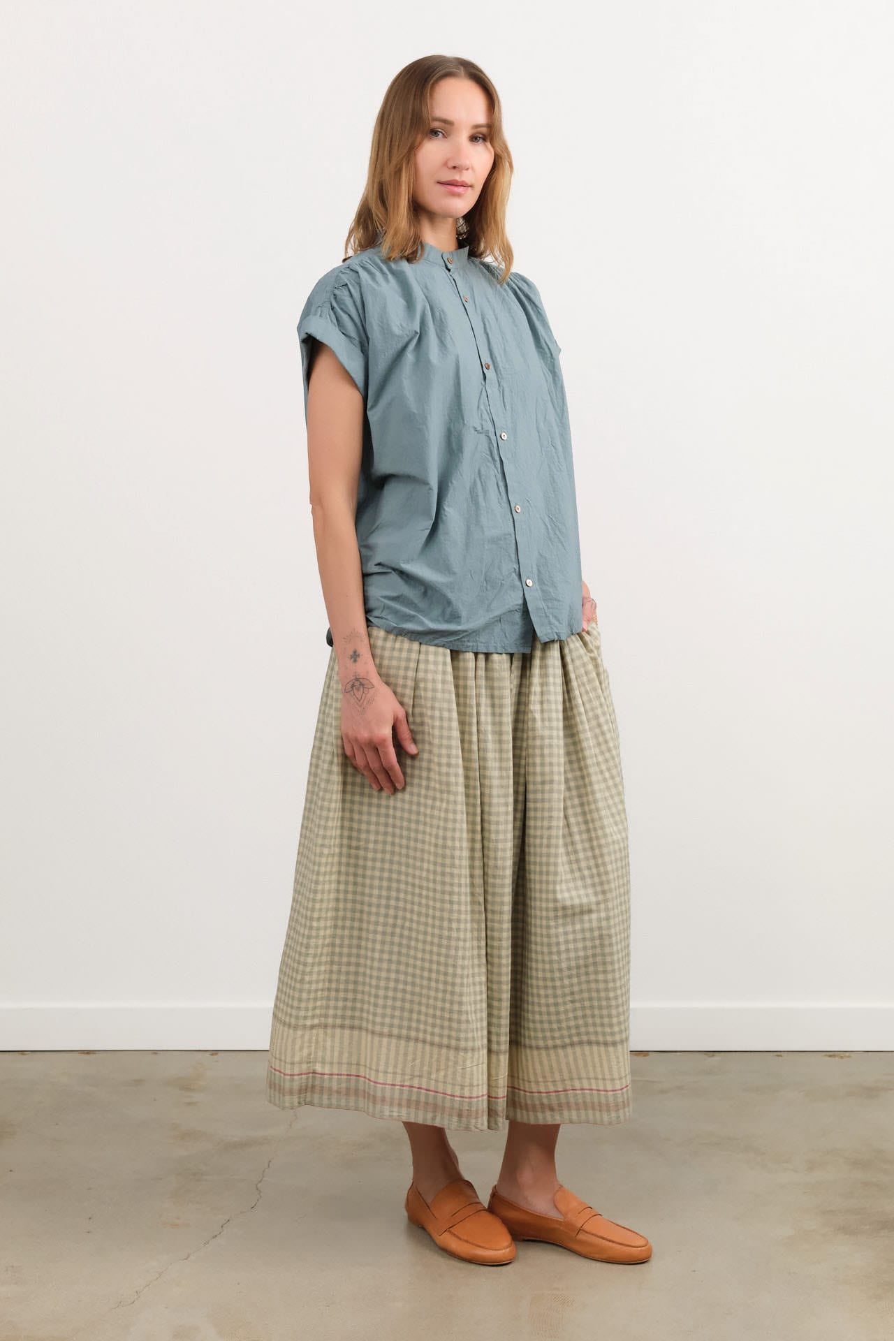 Ichi Antiquities Apparel Womens Skirts Gingham Check India Khadi Cotton Skirt Khaki / One Size
