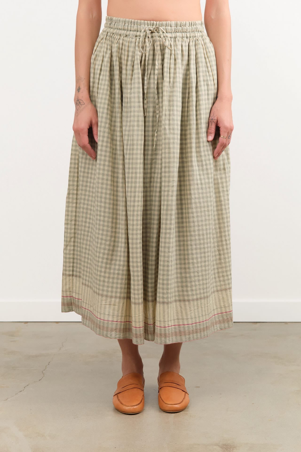 Ichi Antiquities Apparel Womens Skirts Gingham Check India Khadi Cotton Skirt Khaki / One Size
