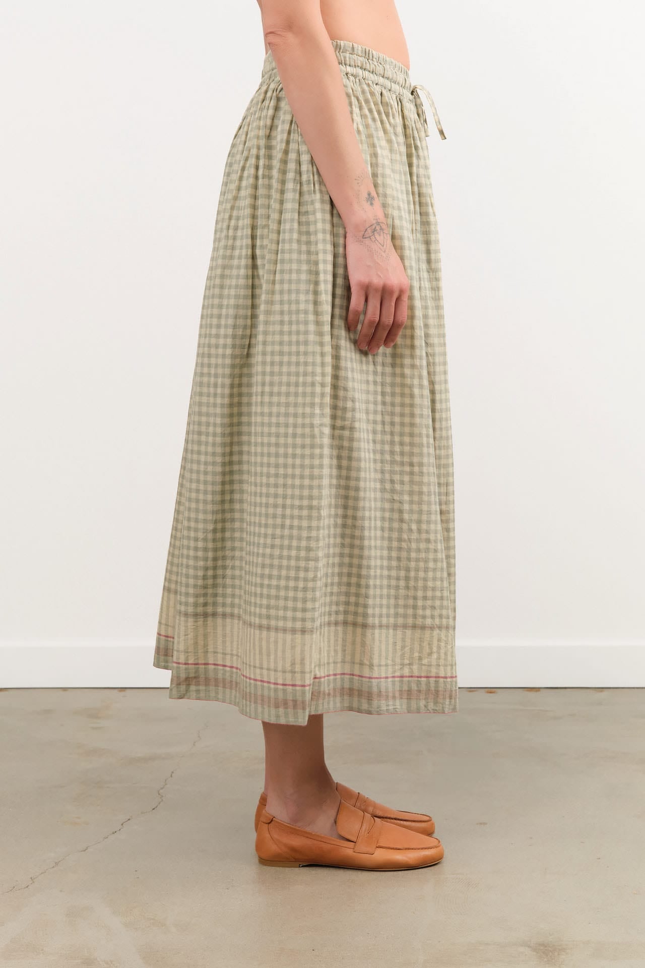 Ichi Antiquities Apparel Womens Skirts Gingham Check India Khadi Cotton Skirt Khaki / One Size