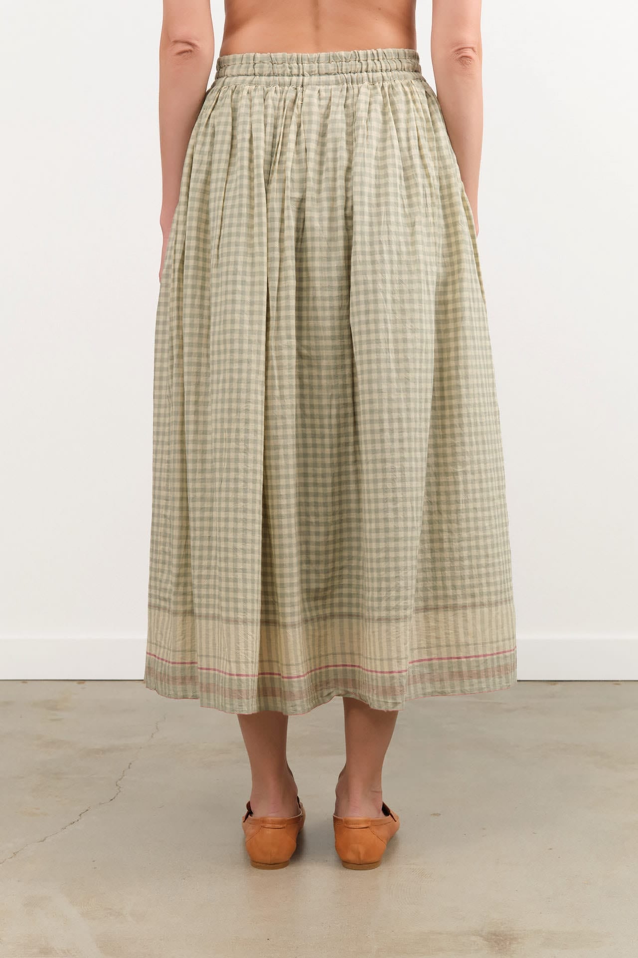 Ichi Antiquities Apparel Womens Skirts Gingham Check India Khadi Cotton Skirt Khaki / One Size