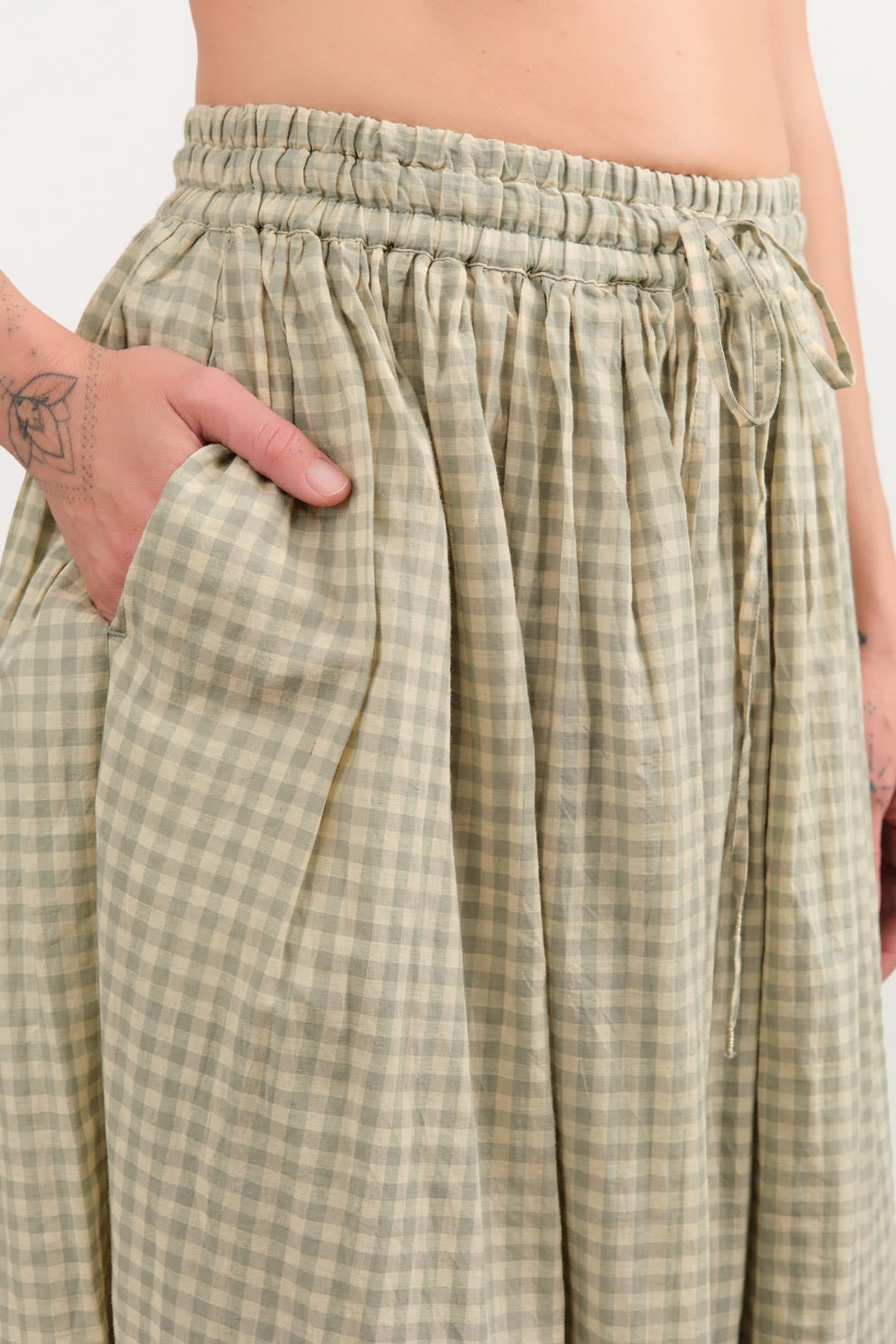 Ichi Antiquities Apparel Womens Skirts Gingham Check India Khadi Cotton Skirt Khaki / One Size