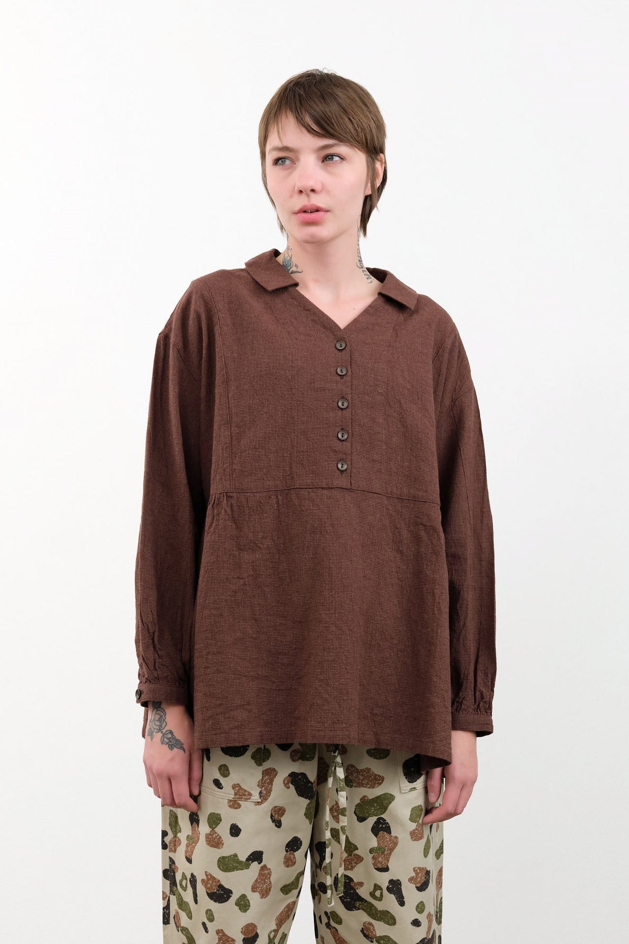 Ichi Antiquities Apparel Womens Blouses Houndstooth Shirt Brown / One Size