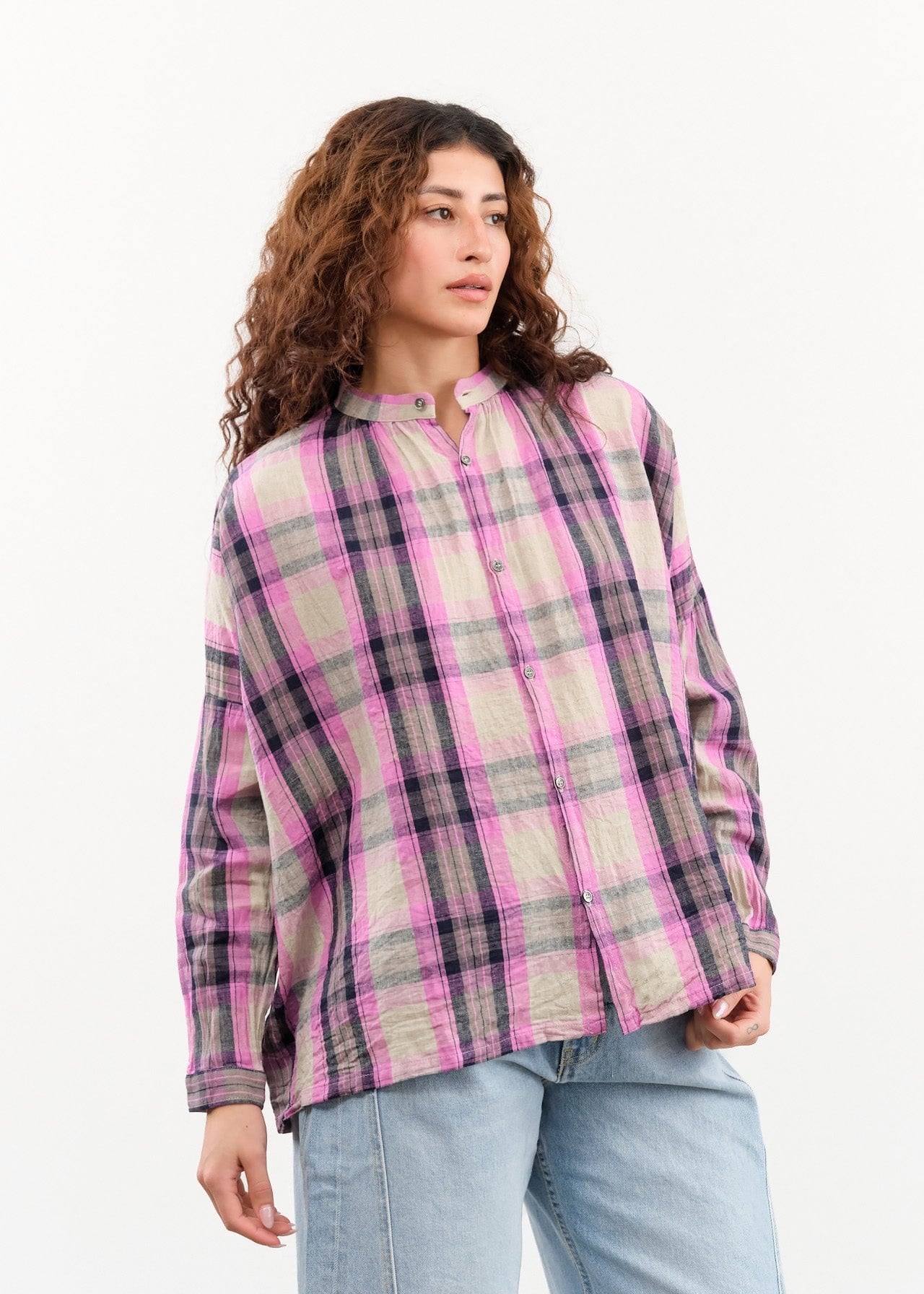 Ichi Antiquities Apparel Womens Blouses Linen Cotton Tartan Shirt Pink / One Size