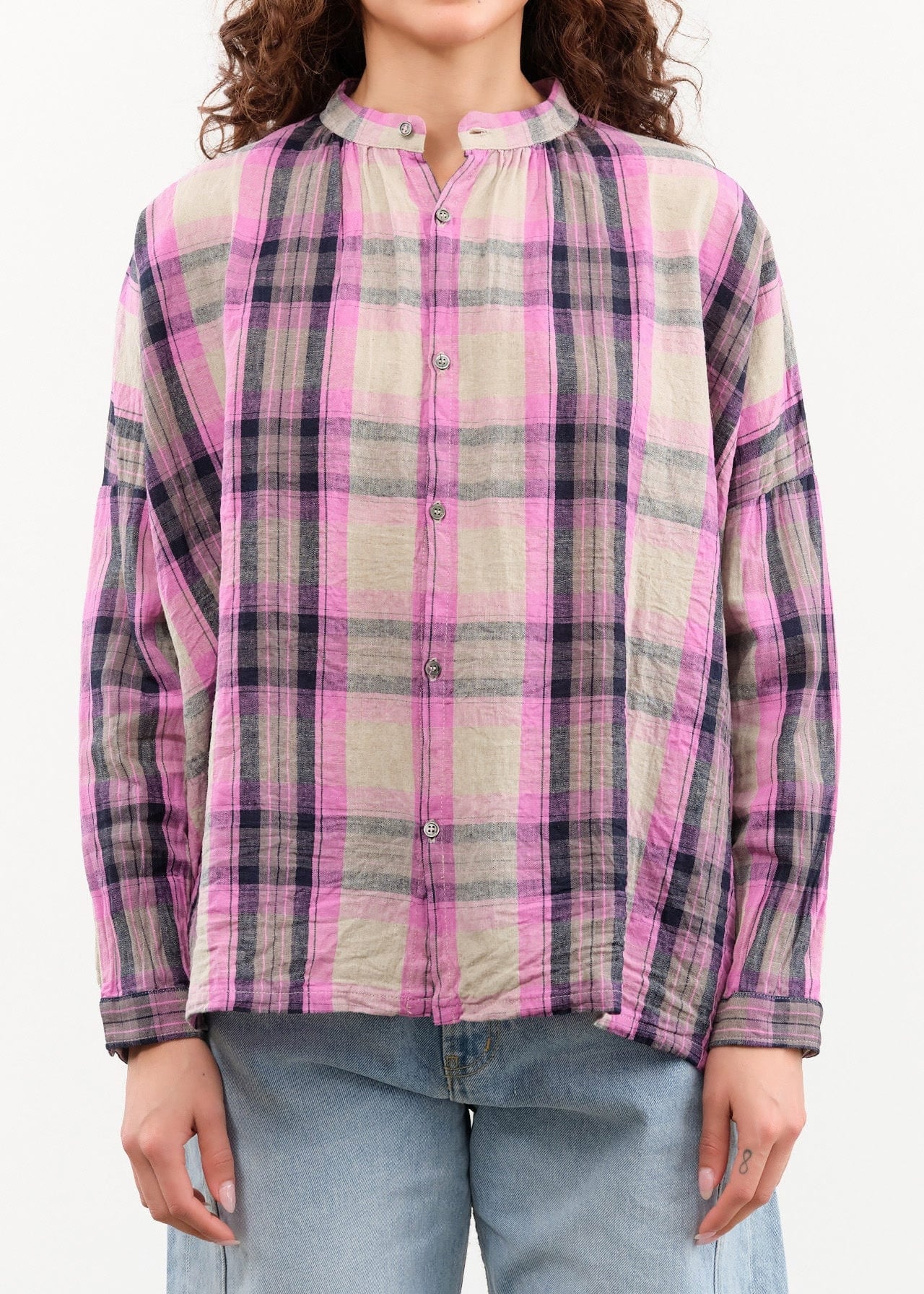 Ichi Antiquities Apparel Womens Blouses Linen Cotton Tartan Shirt Pink / One Size