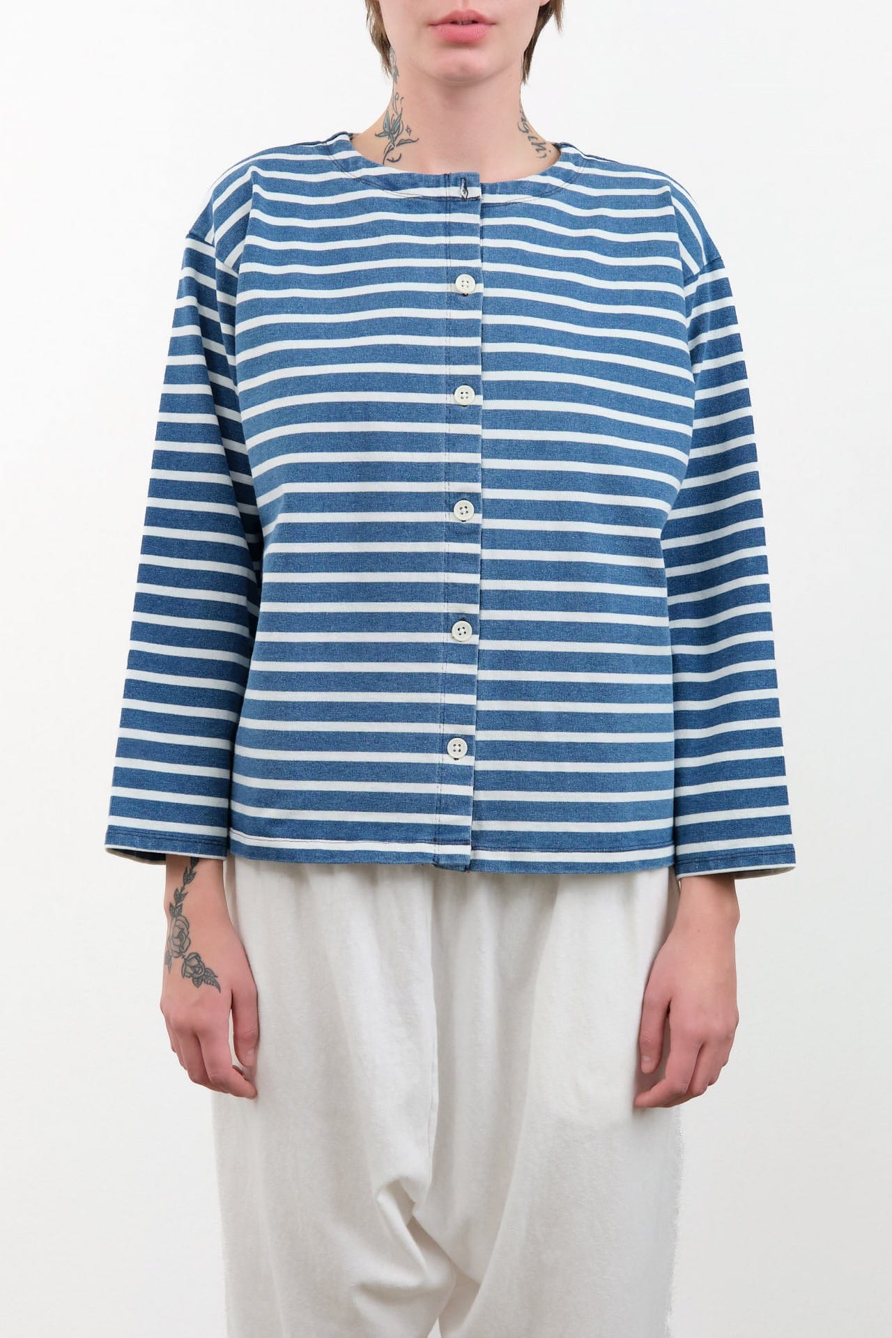 Ichi Antiquities Apparel Womens Blouses Stripe Cardigan in Blue Blue x White / One Size