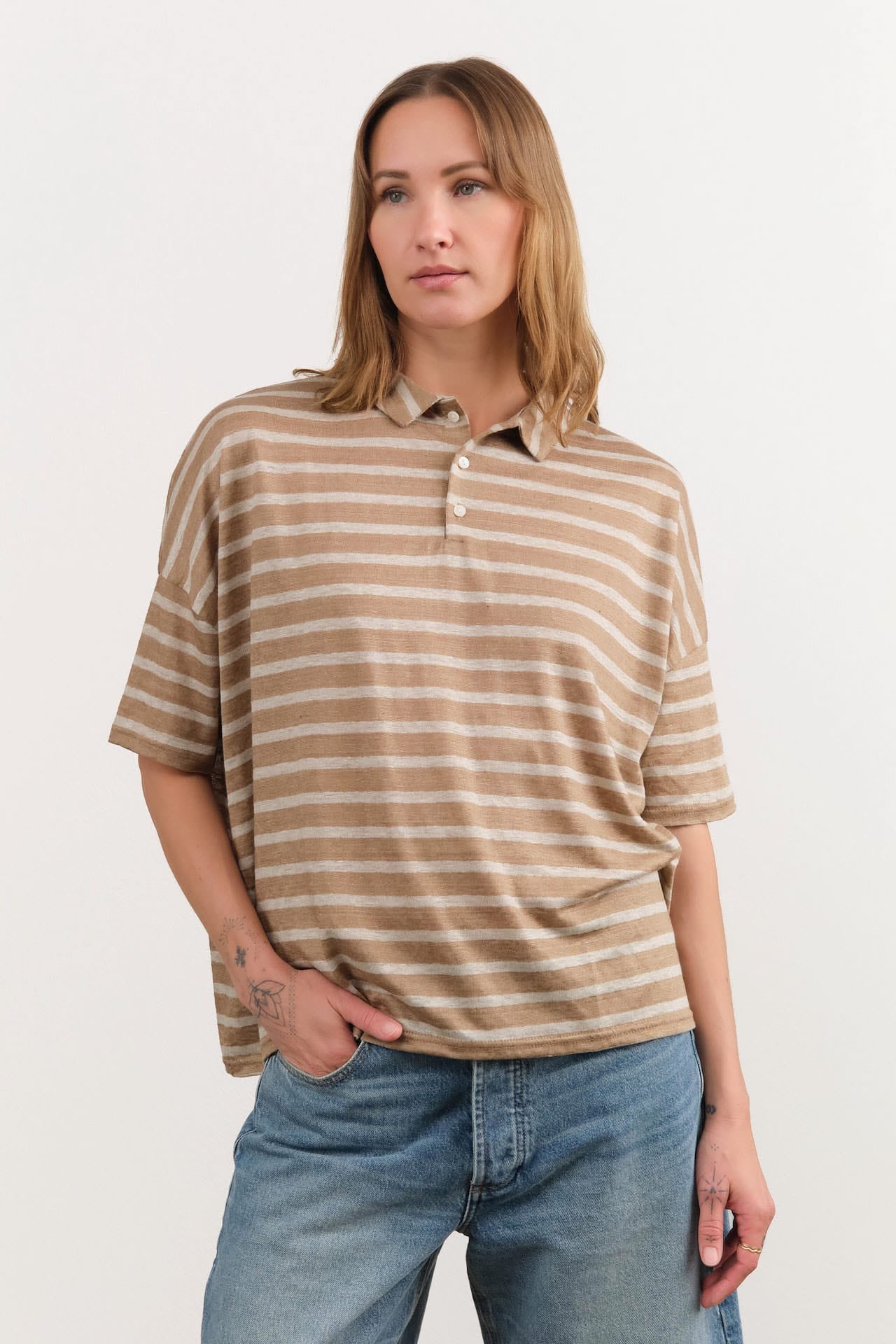 Ichi Antiquities Apparel Womens Blouses Stripe Polo Shirt in Beige Beige x Natural / One Size