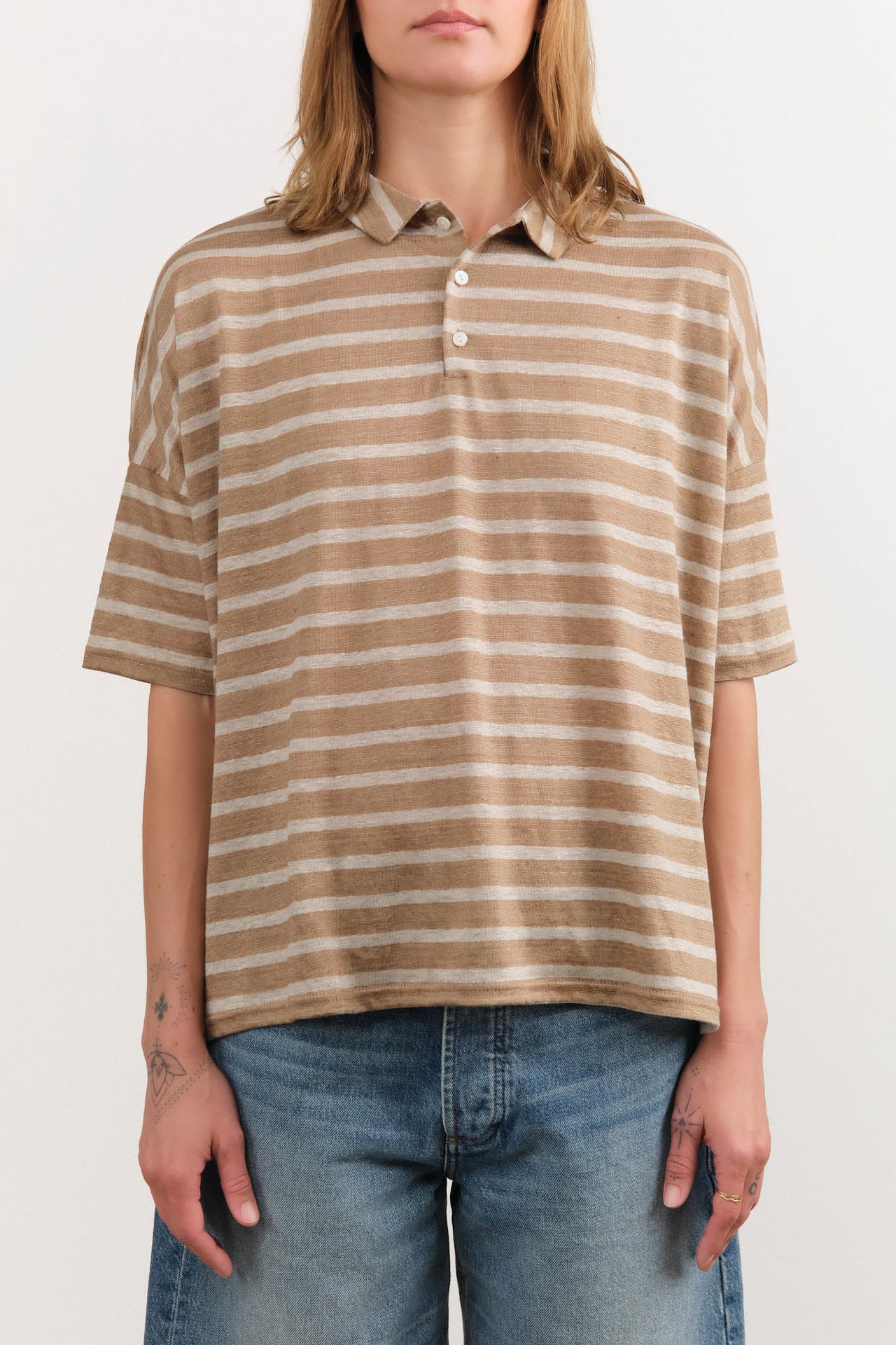 Ichi Antiquities Apparel Womens Blouses Stripe Polo Shirt in Beige Beige x Natural / One Size