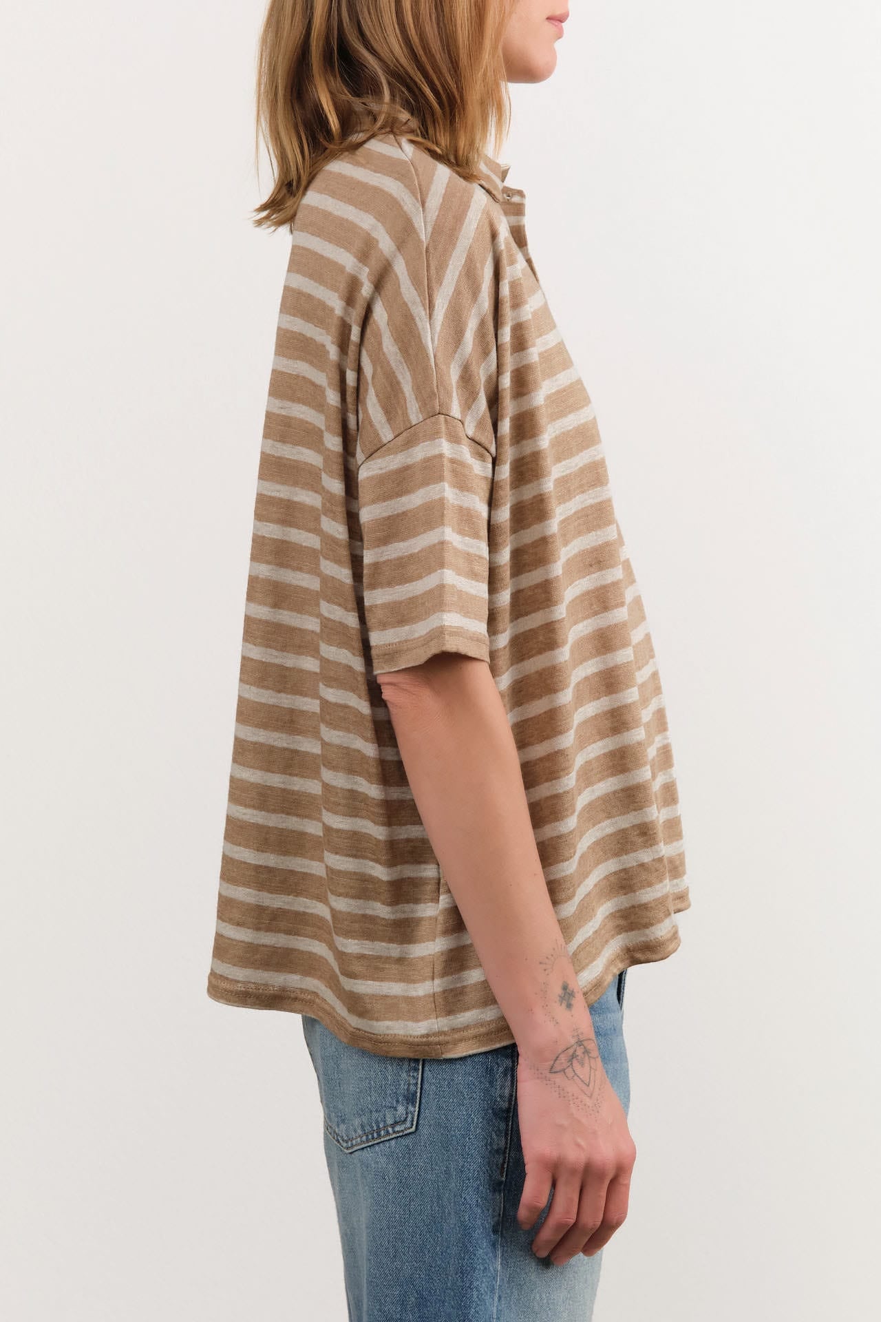 Ichi Antiquities Apparel Womens Blouses Stripe Polo Shirt in Beige Beige x Natural / One Size