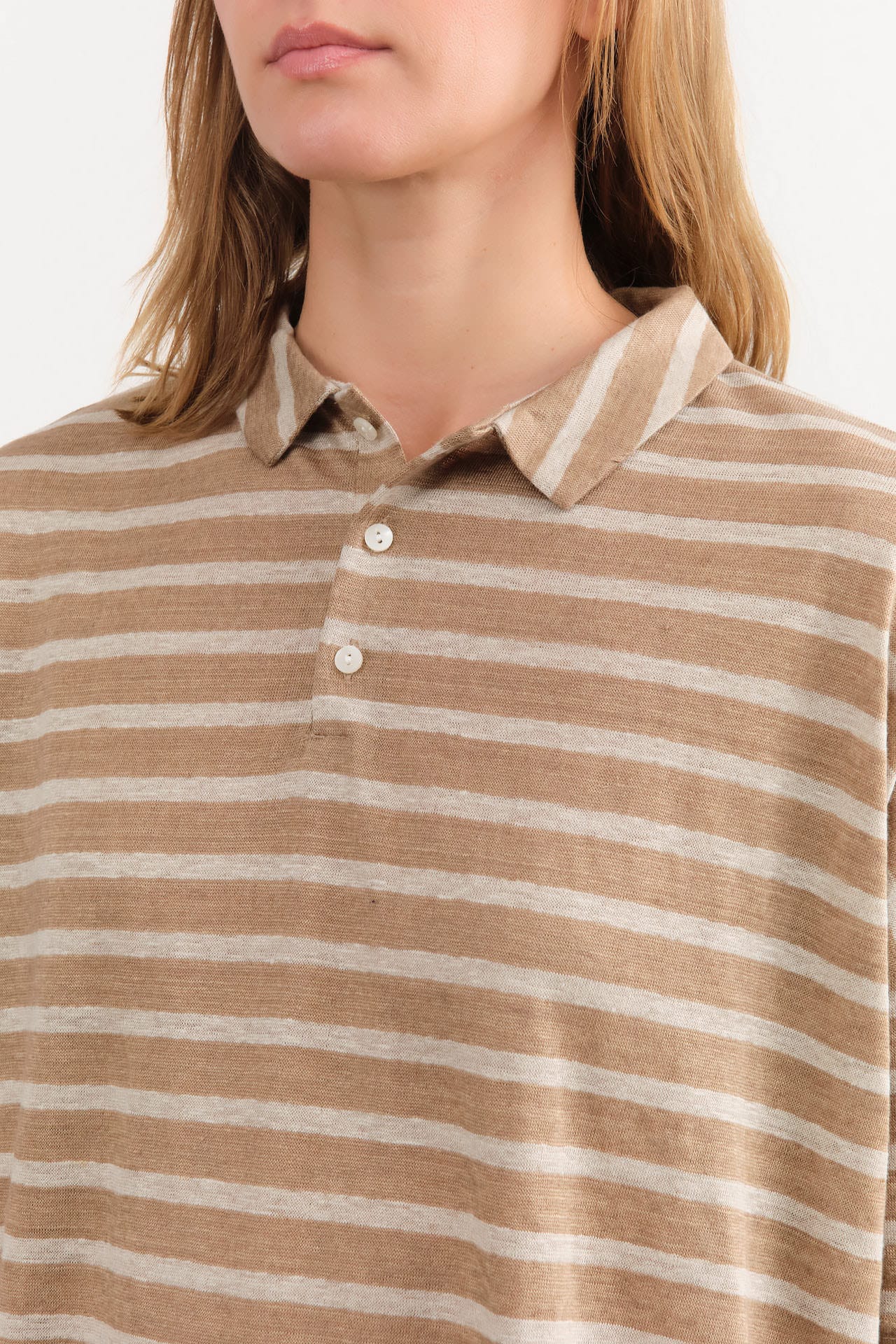 Ichi Antiquities Apparel Womens Blouses Stripe Polo Shirt in Beige Beige x Natural / One Size