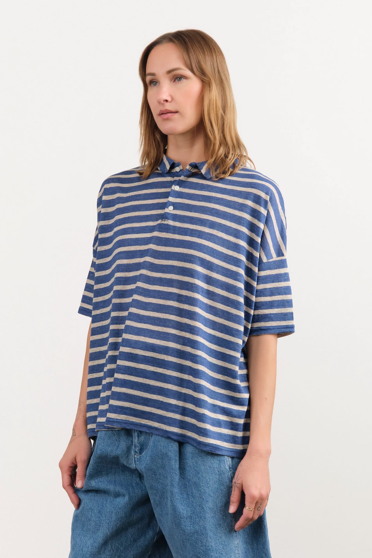 Ichi Antiquities Apparel Womens Blouses Stripe Polo Shirt in Blue Blue x Natural / One Size