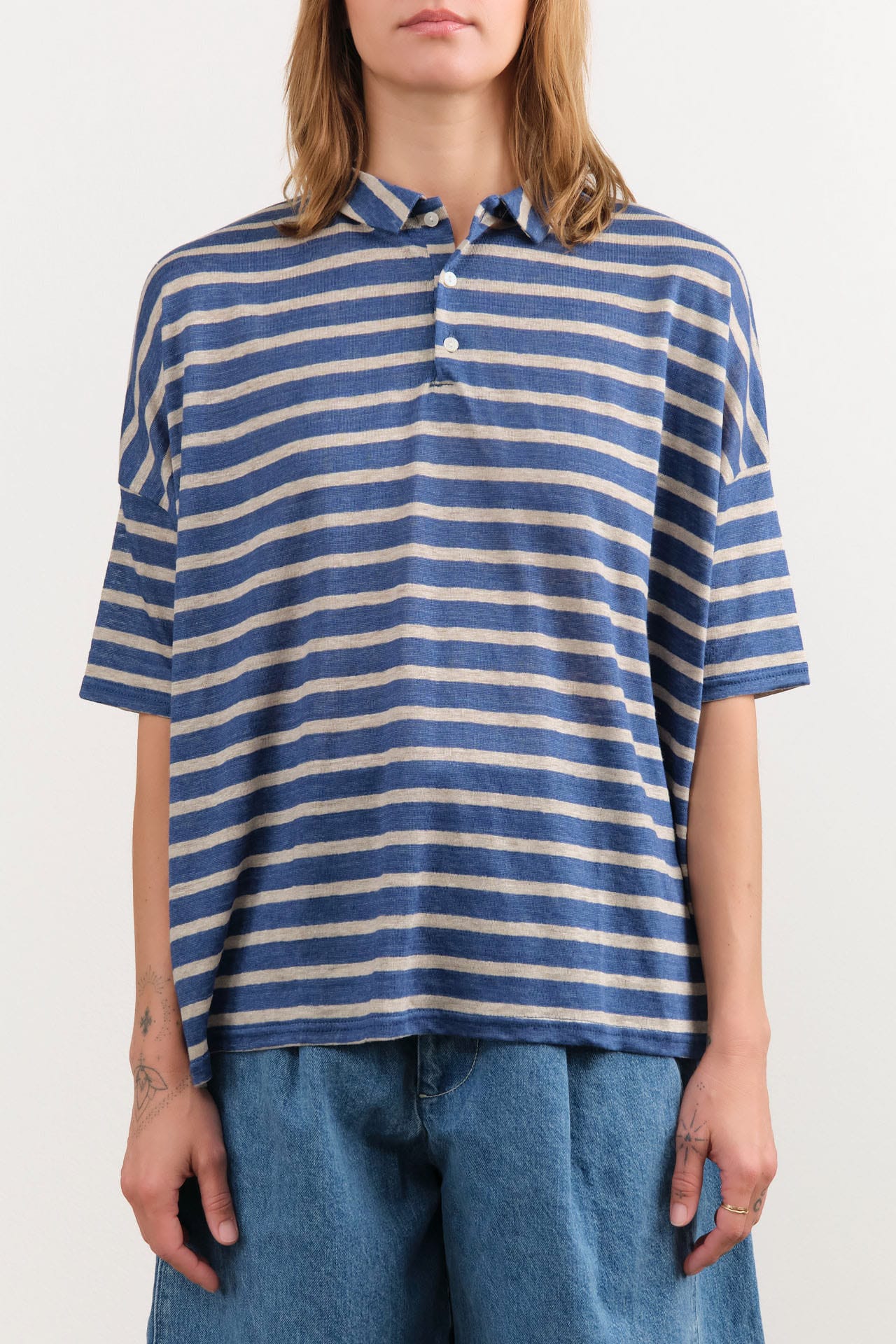 Ichi Antiquities Apparel Womens Blouses Stripe Polo Shirt in Blue Blue x Natural / One Size