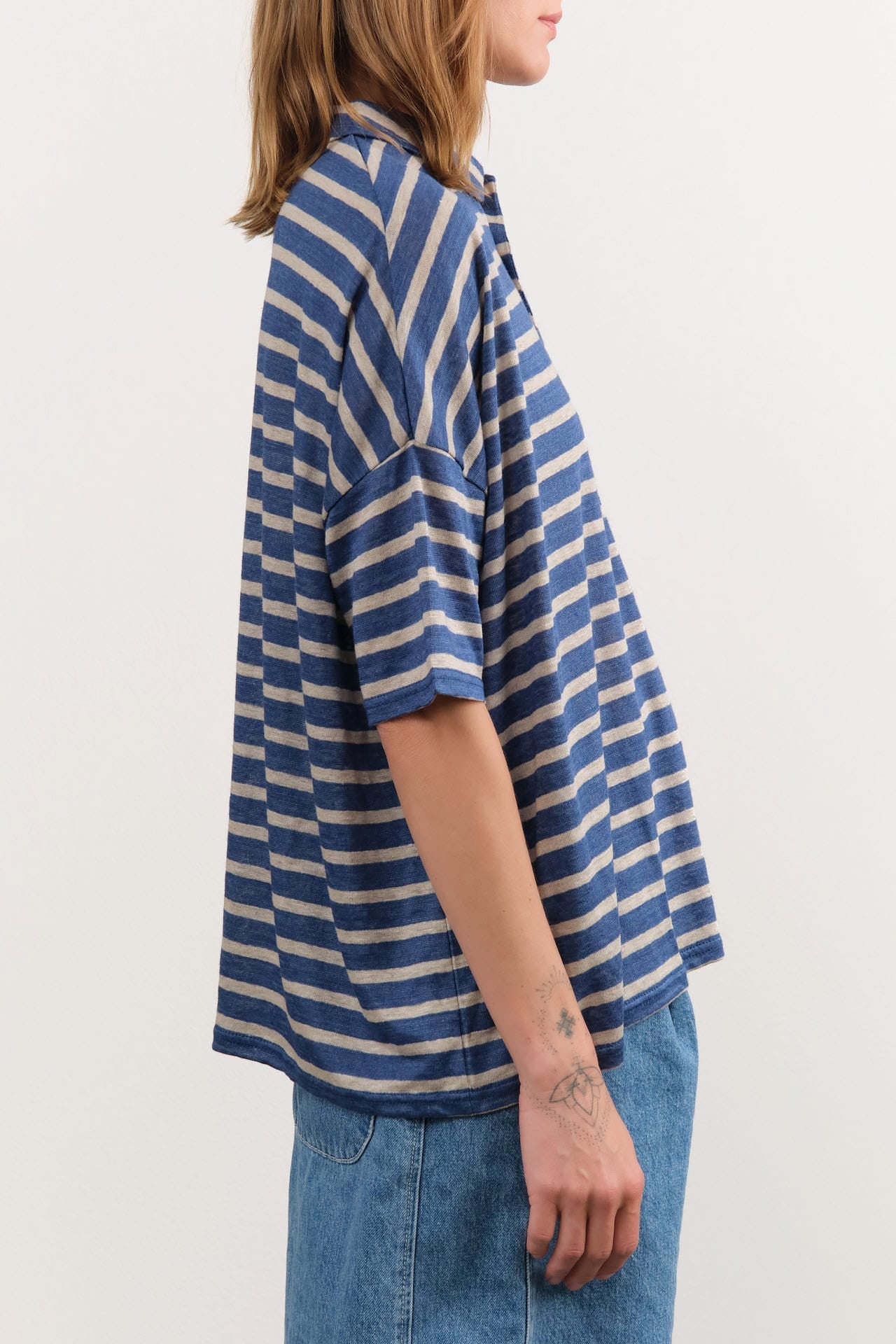 Ichi Antiquities Apparel Womens Blouses Stripe Polo Shirt in Blue Blue x Natural / One Size
