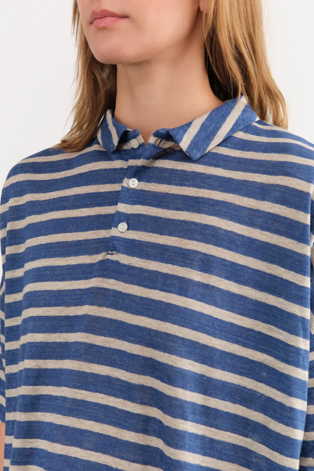 Ichi Antiquities Apparel Womens Blouses Stripe Polo Shirt in Blue Blue x Natural / One Size