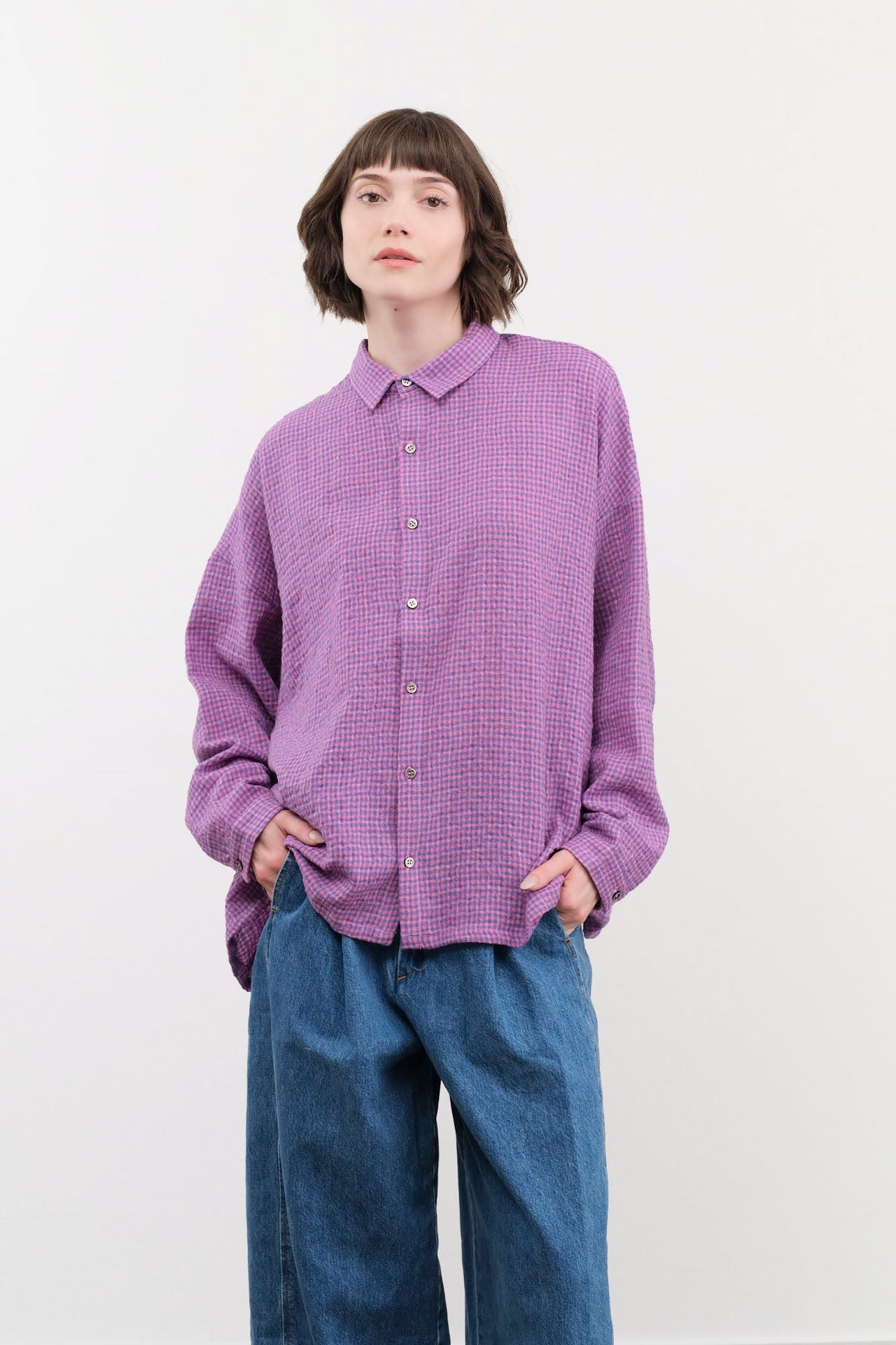 Ichi Antiquities Apparel Womens Blouses Wool Cotton Gingham Shirt Pink x Blue / One Size