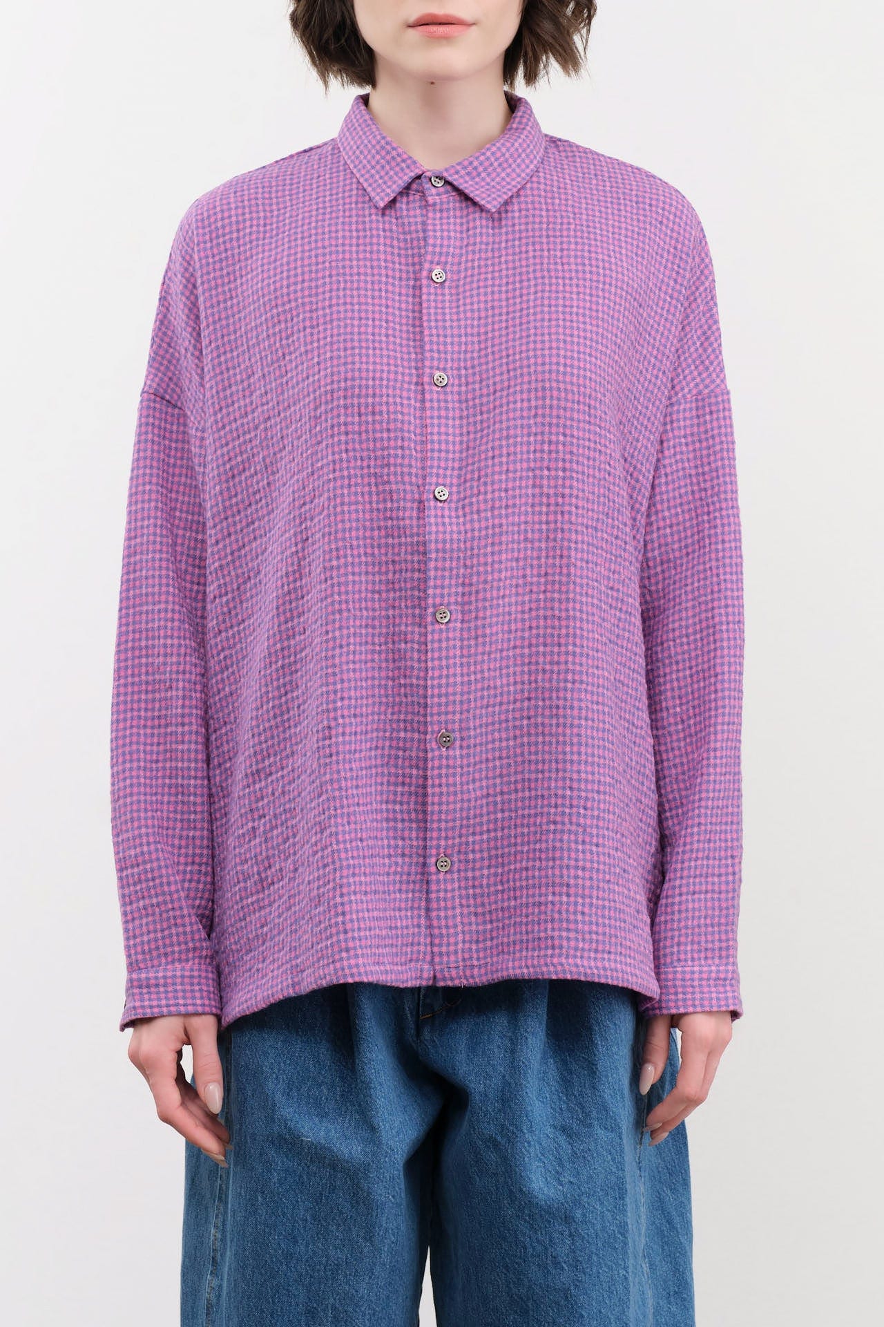 Ichi Antiquities Apparel Womens Blouses Wool Cotton Gingham Shirt Pink x Blue / One Size