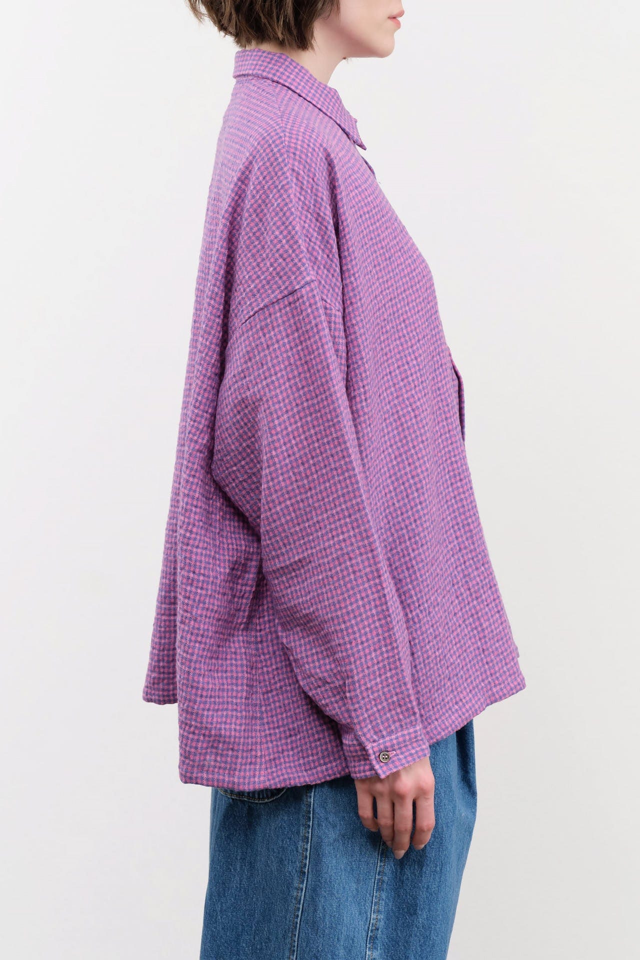 Ichi Antiquities Apparel Womens Blouses Wool Cotton Gingham Shirt Pink x Blue / One Size