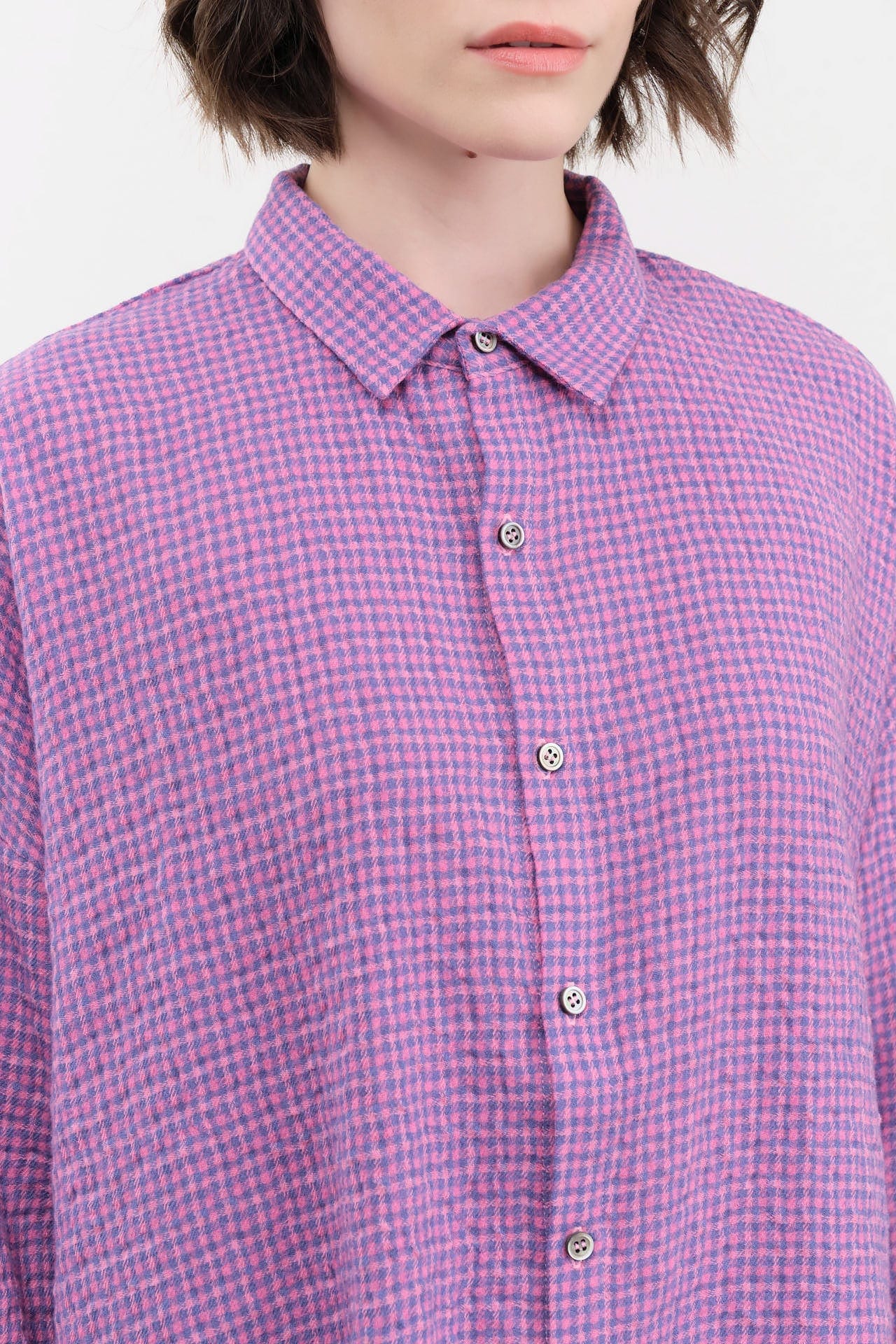 Ichi Antiquities Apparel Womens Blouses Wool Cotton Gingham Shirt Pink x Blue / One Size