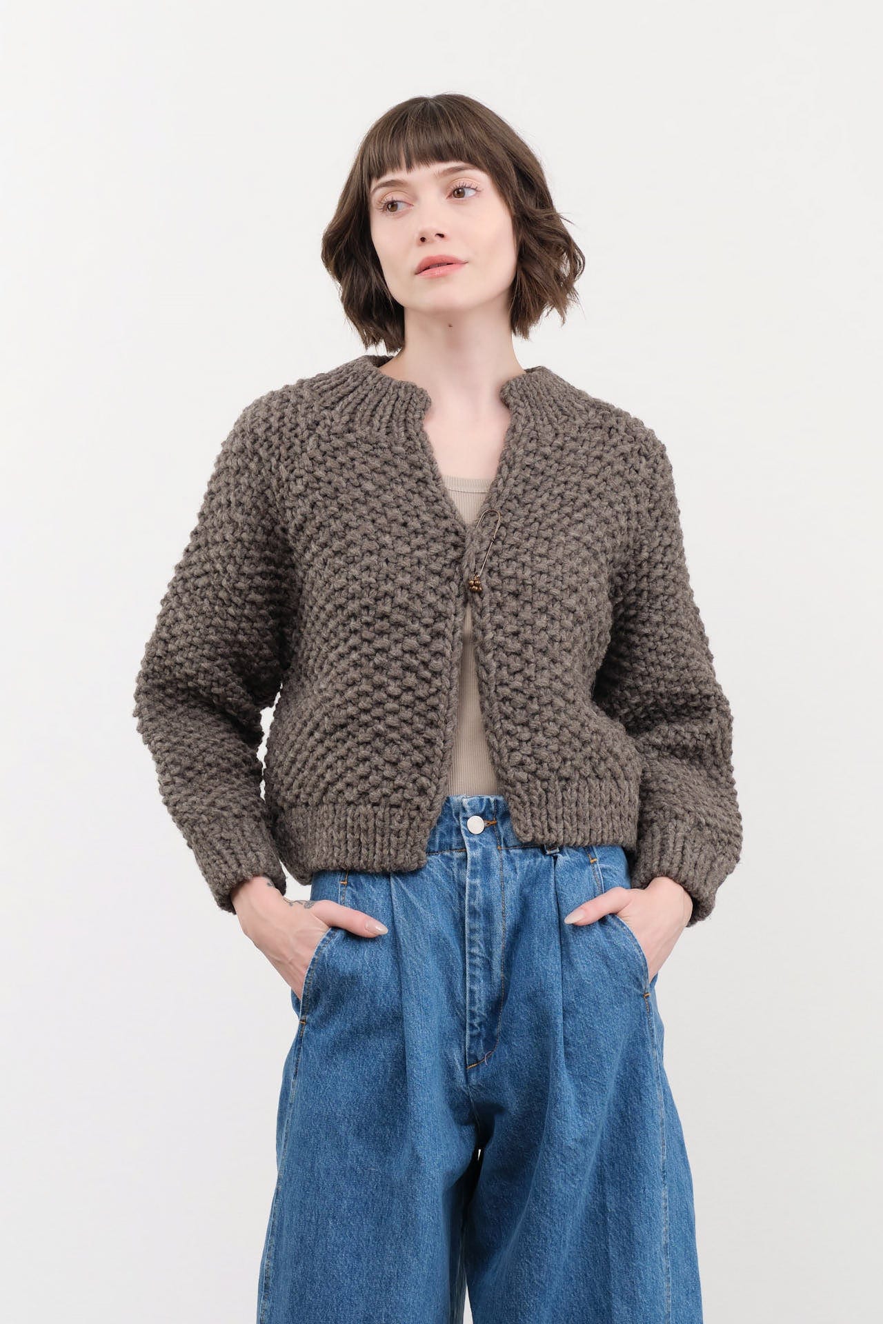 Ichi Antiquities Apparel Womens Sweaters Wool Hand Knit Cardigan Gray / One Size
