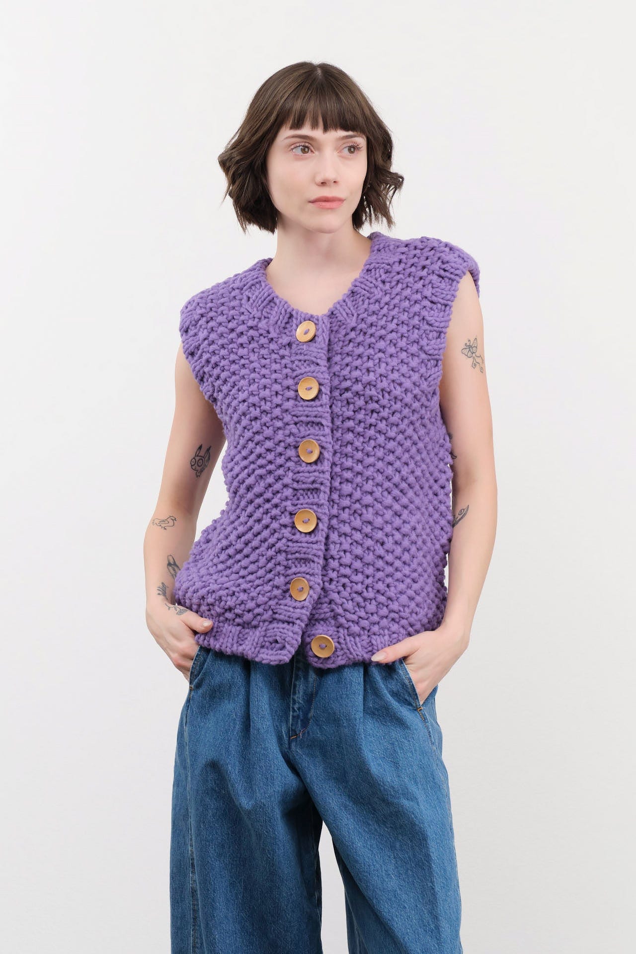 Ichi Antiquities Apparel Womens Sweaters Wool Hand Knit Vest Purple / One Size