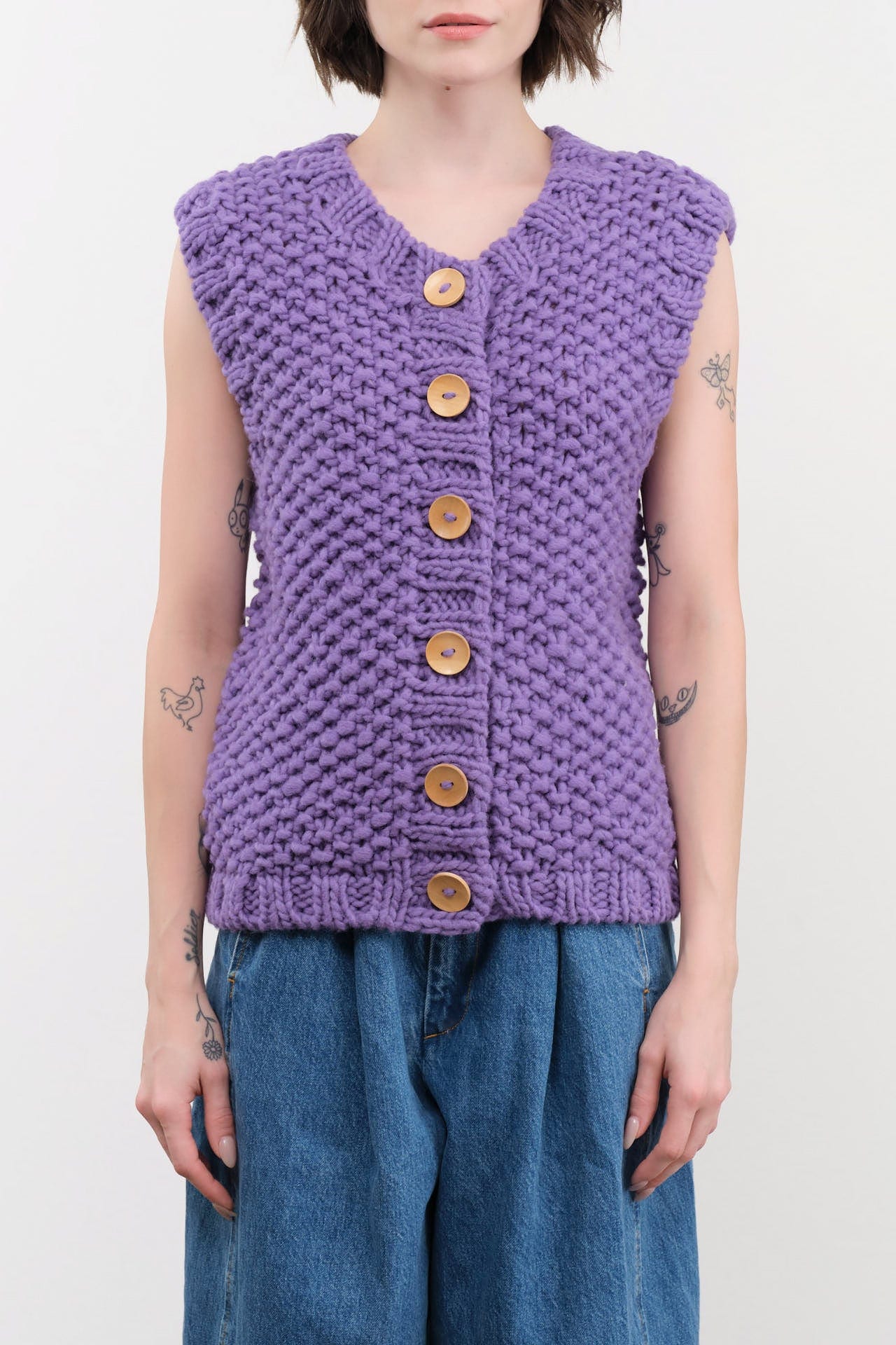 Ichi Antiquities Apparel Womens Sweaters Wool Hand Knit Vest Purple / One Size