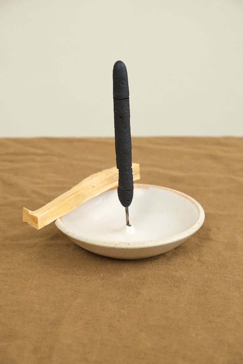 Stoneware Clay Incense Burner in Piker White with incense stick and palo santo