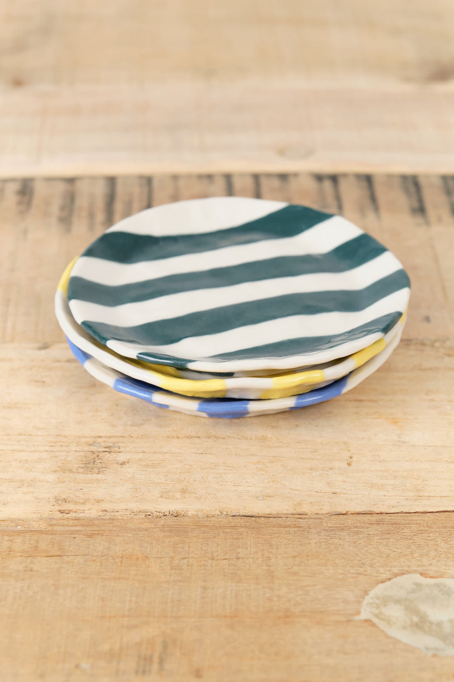 Isabel Halley Ceramics Ribbon Plate in Painters Tape Blue Evergreen and Goldenrod