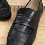 Black Croc Leather Slip On Flat Penny Loafer by Jamie Haller Designer Brand