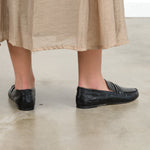 Leather Slip On Flat Penny Loafer in Black Croc by Jamie Haller Designer Brand