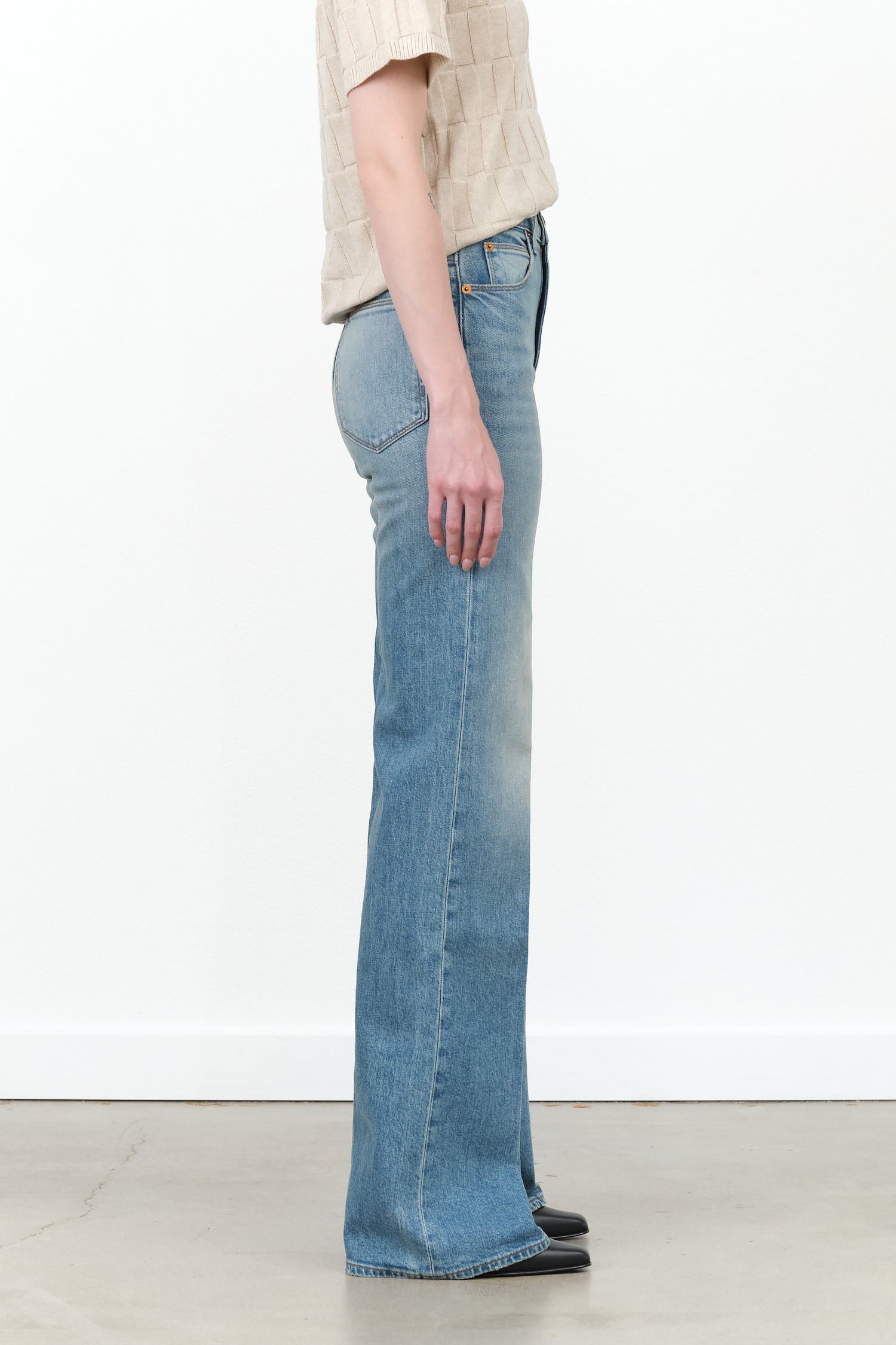 Jamie Haller Designer Brand The High Waisted Long Wide Leg Crease Jean in Worn Indigo Blue