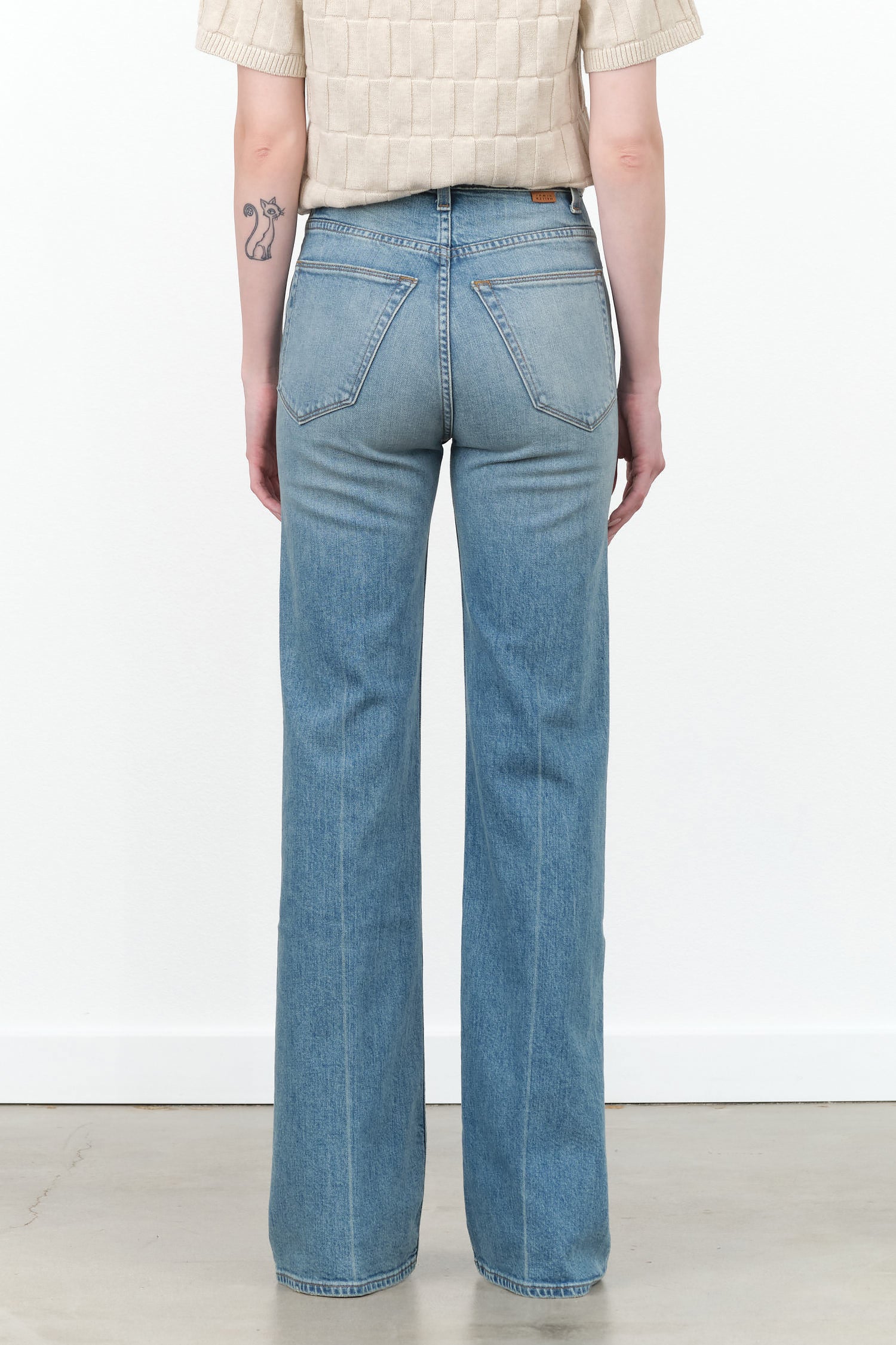 The High Waisted Long Wide Leg Crease Jean in Worn Indigo Blue by Jamie Haller Designer Brand 