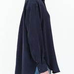 Jamie Haller Designer Brand The Essential Button Up Collared Silk Blouse in Navy Blue