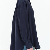 Jamie Haller Designer Brand The Essential Button Up Collared Silk Blouse in Navy Blue