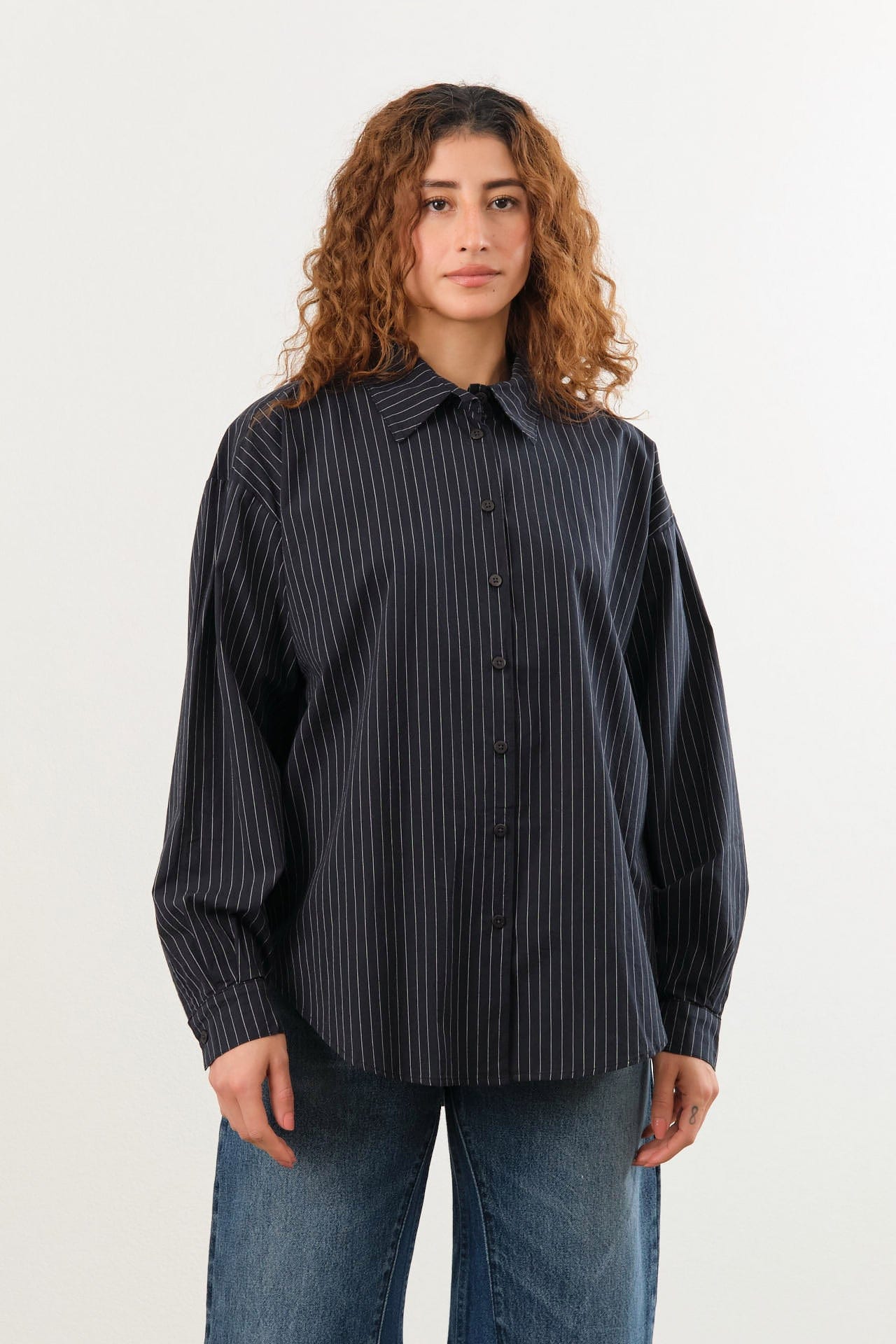 Jesse Kamm Apparel Womens Blouses Alberta Shirt in Midnight Black Pinstripe