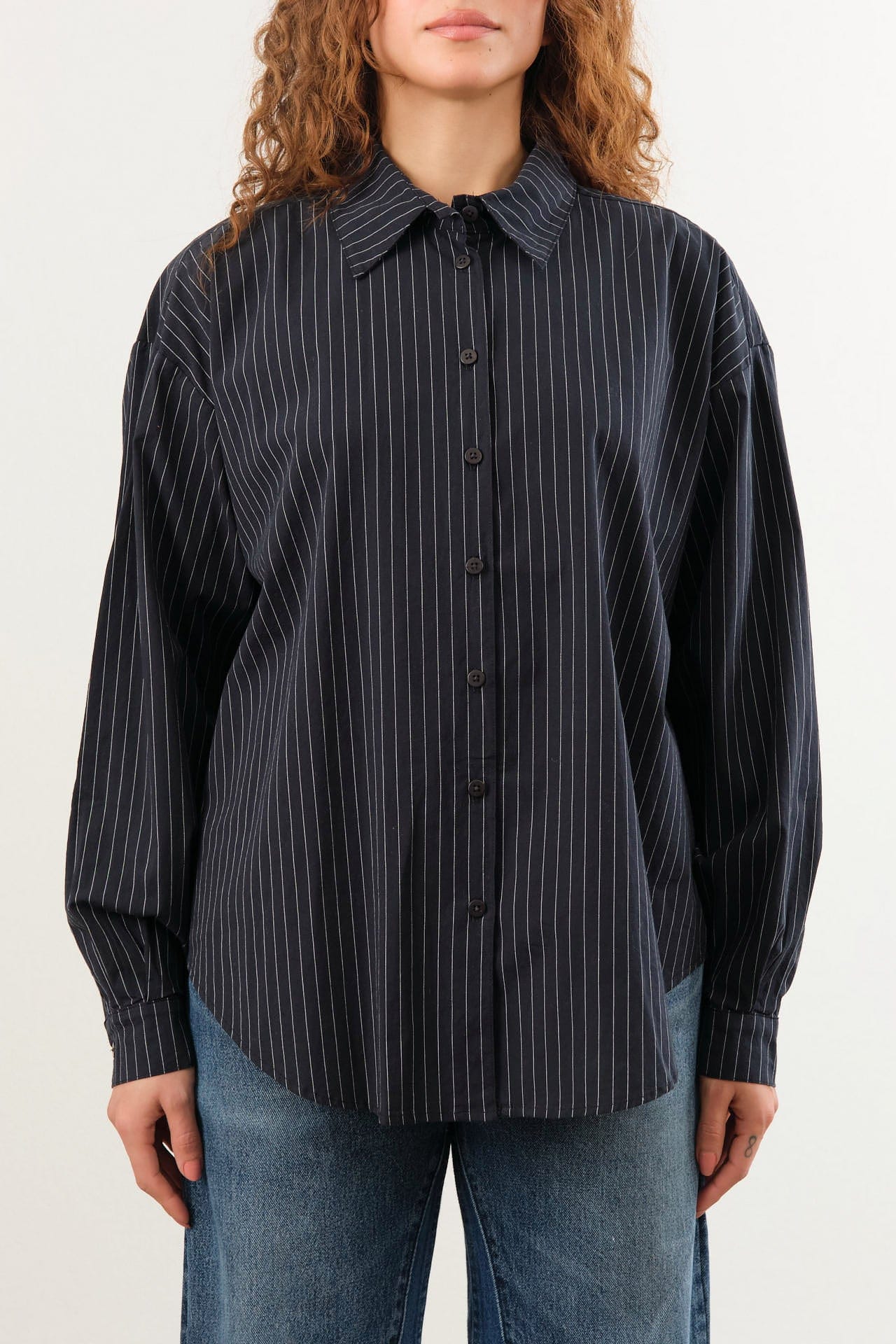 Jesse Kamm Apparel Womens Blouses Alberta Shirt in Midnight Black Pinstripe