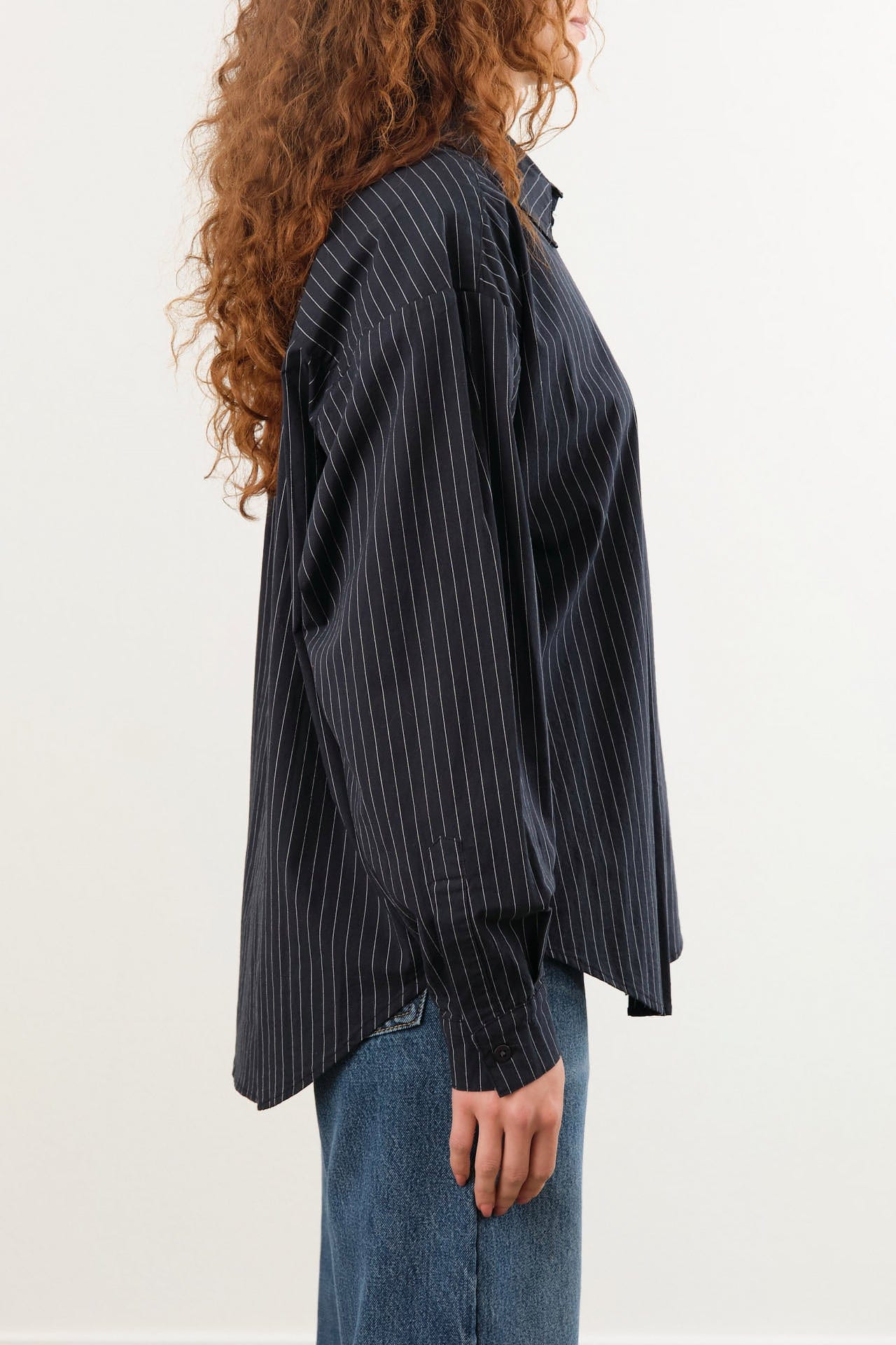 Jesse Kamm Apparel Womens Blouses Alberta Shirt in Midnight Black Pinstripe